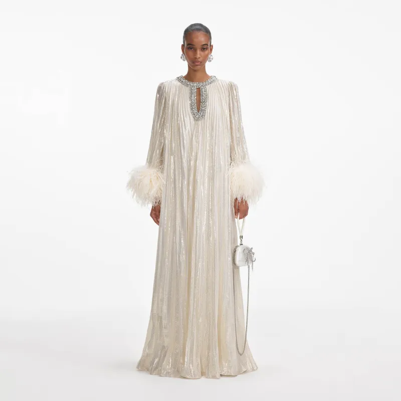 Gold Metallic Feather Maxi Dress made by Self-Portrait