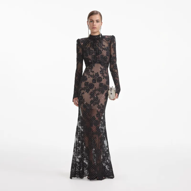 Black Rhinestone Lace Maxi Dress made by Self-Portrait