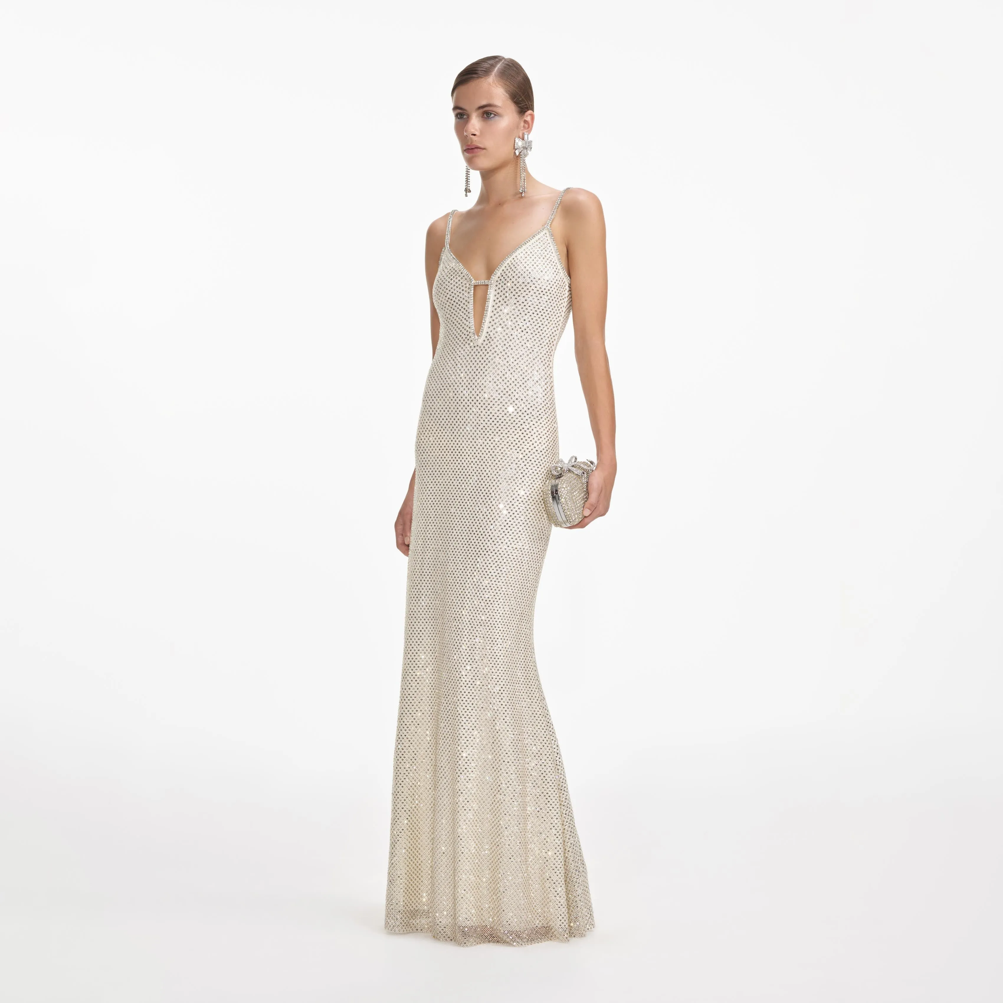 Cream Square Rhinestone Fishnet Maxi Dress sold by Self-Portrait product image thumbnail 2