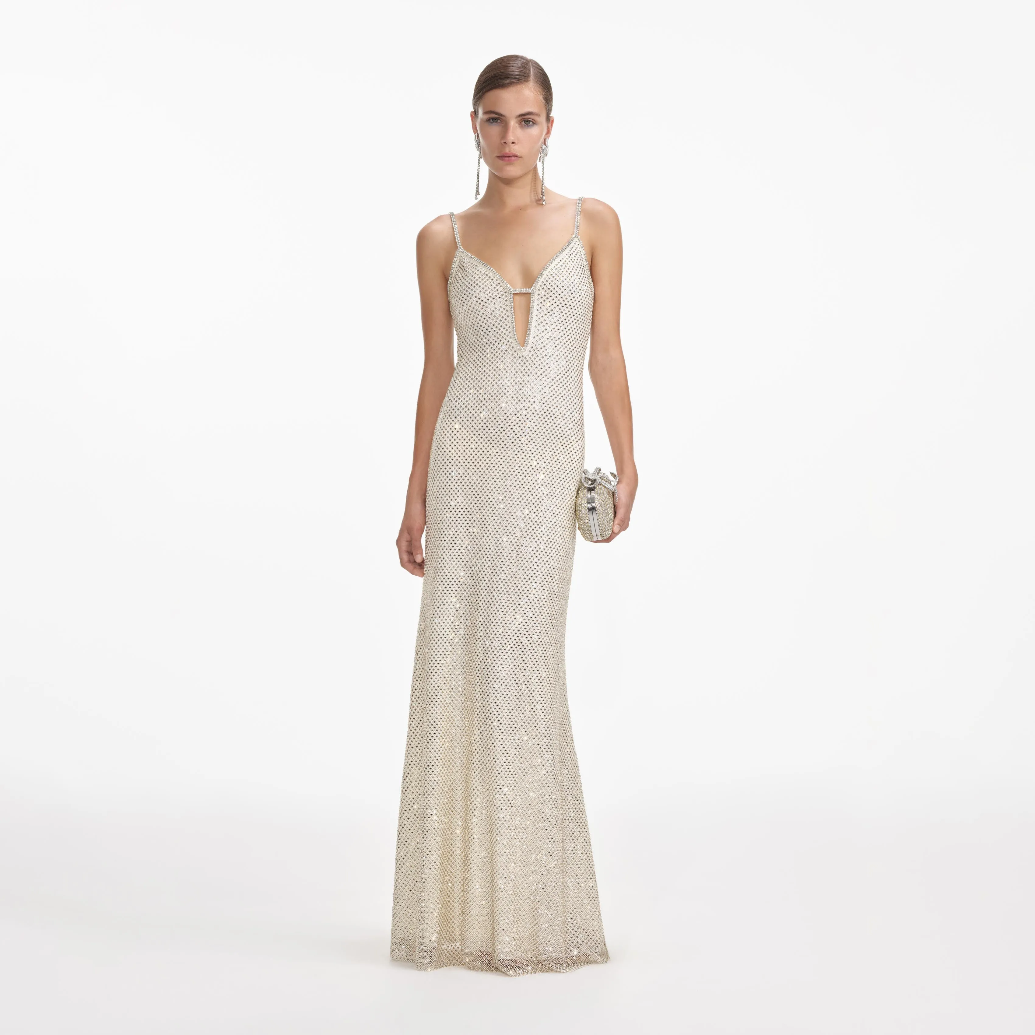 Cream Square Rhinestone Fishnet Maxi Dress sold by Self-Portrait