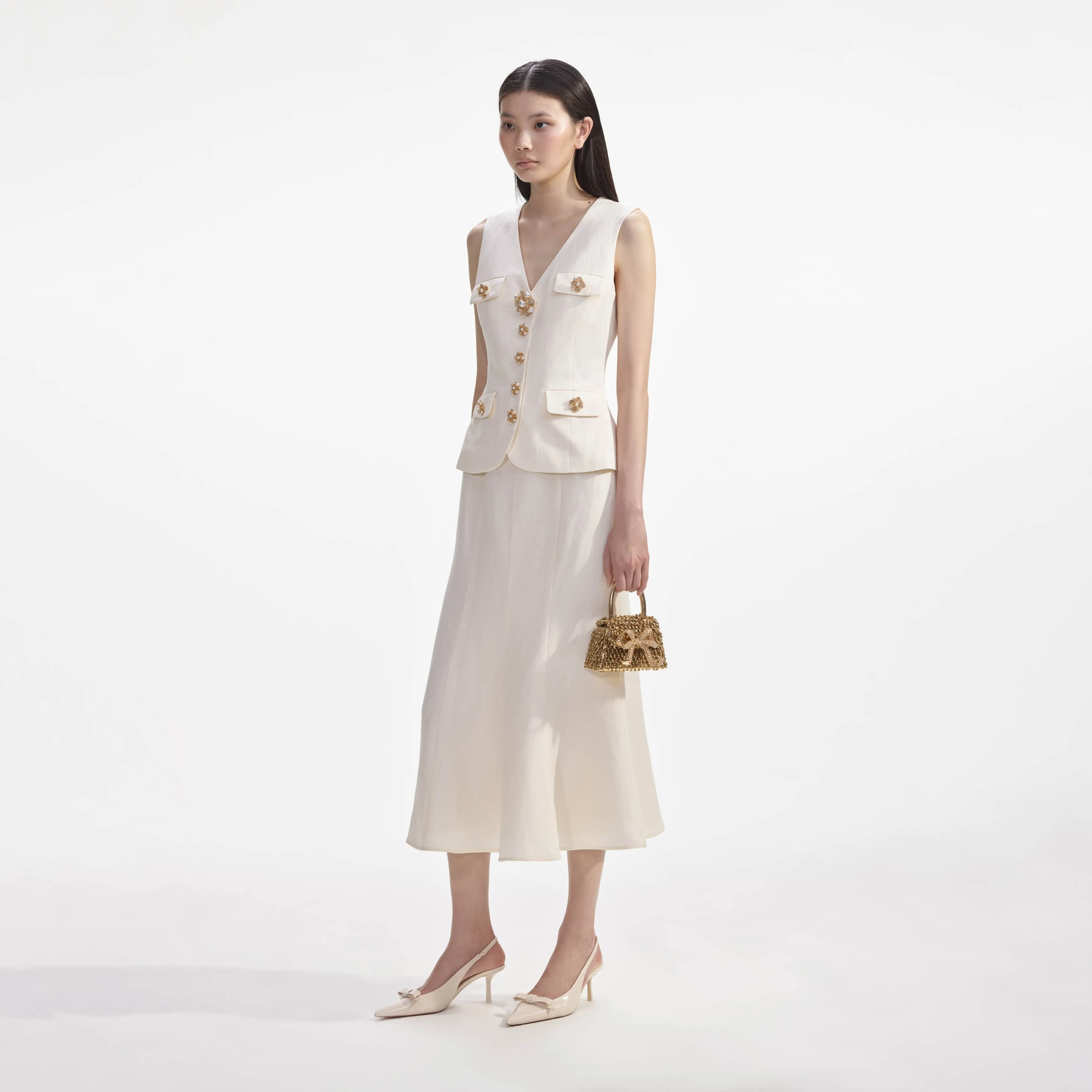 Cream Linen Midi Dress sold by Self-Portrait product image thumbnail 2