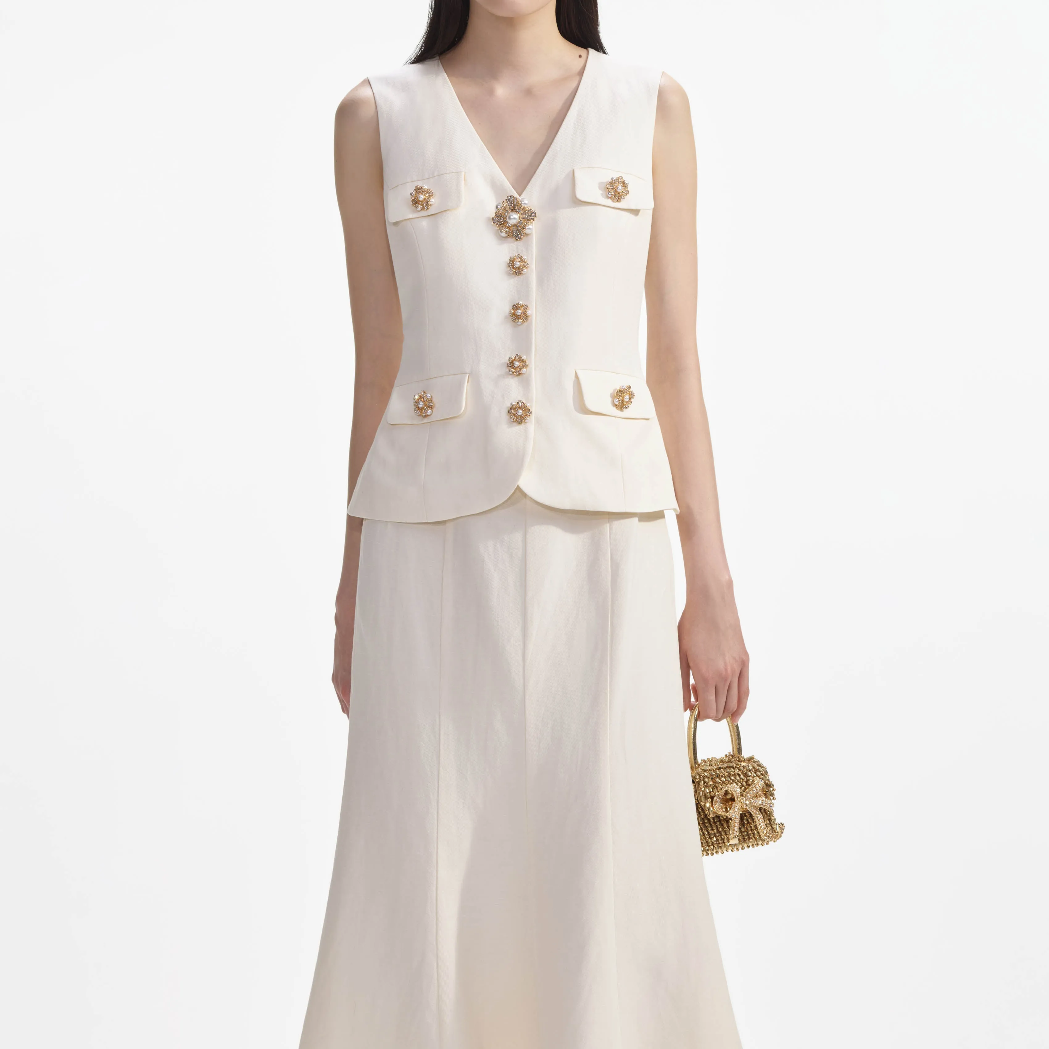 Cream Linen Midi Dress sold by Self-Portrait product image thumbnail 4