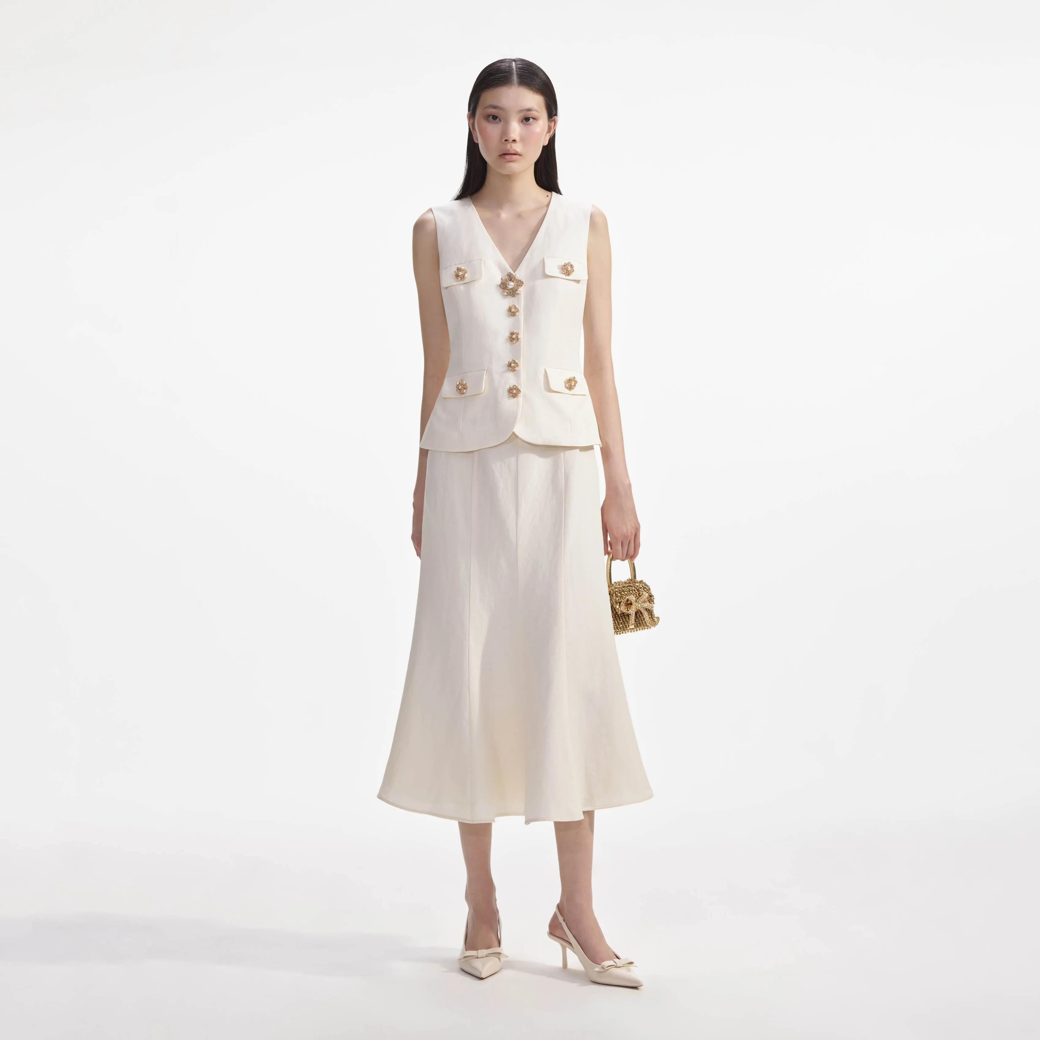Cream Linen Midi Dress sold by Self-Portrait
