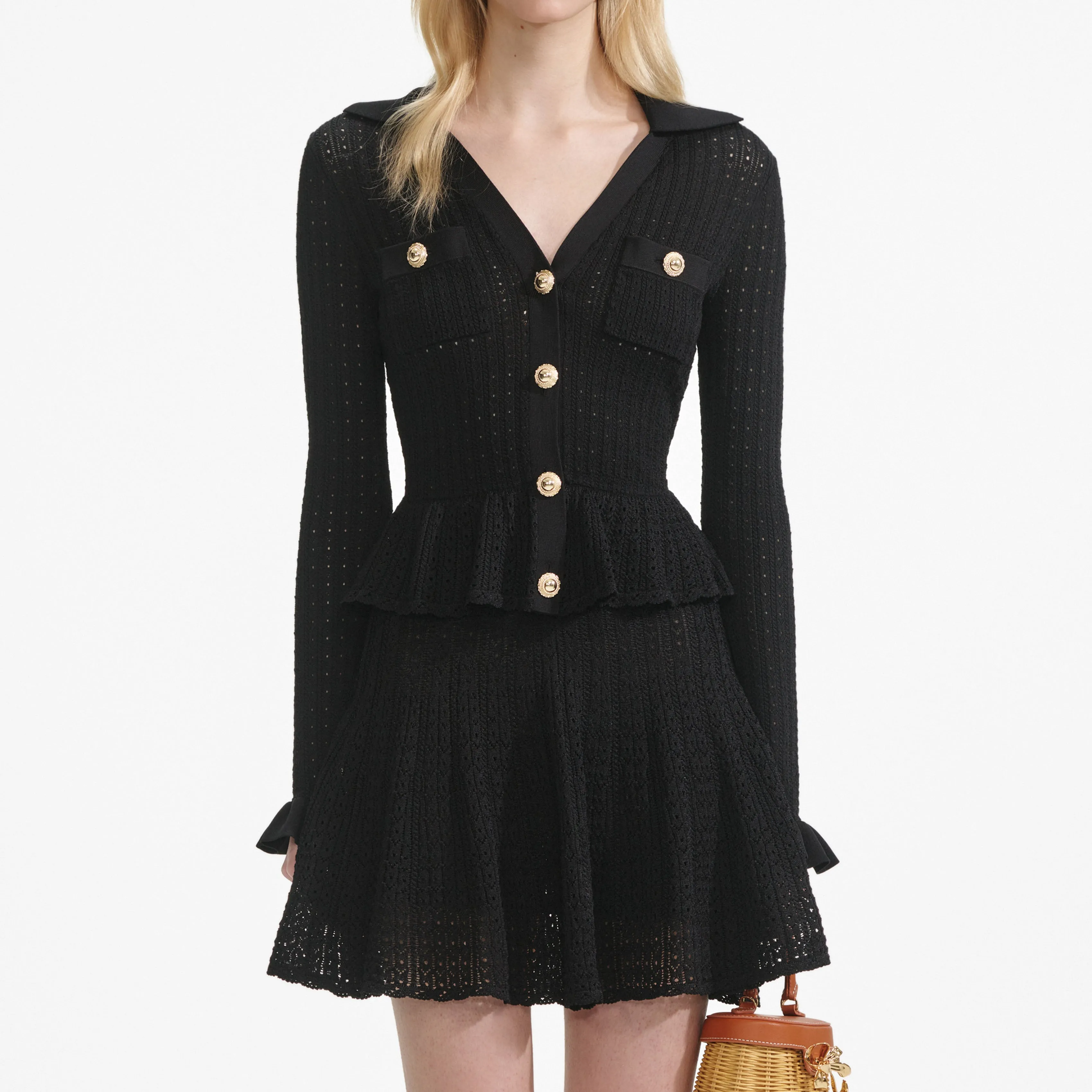 Black Pointelle V Neck Knit Mini Dress sold by Self-Portrait product image thumbnail 4