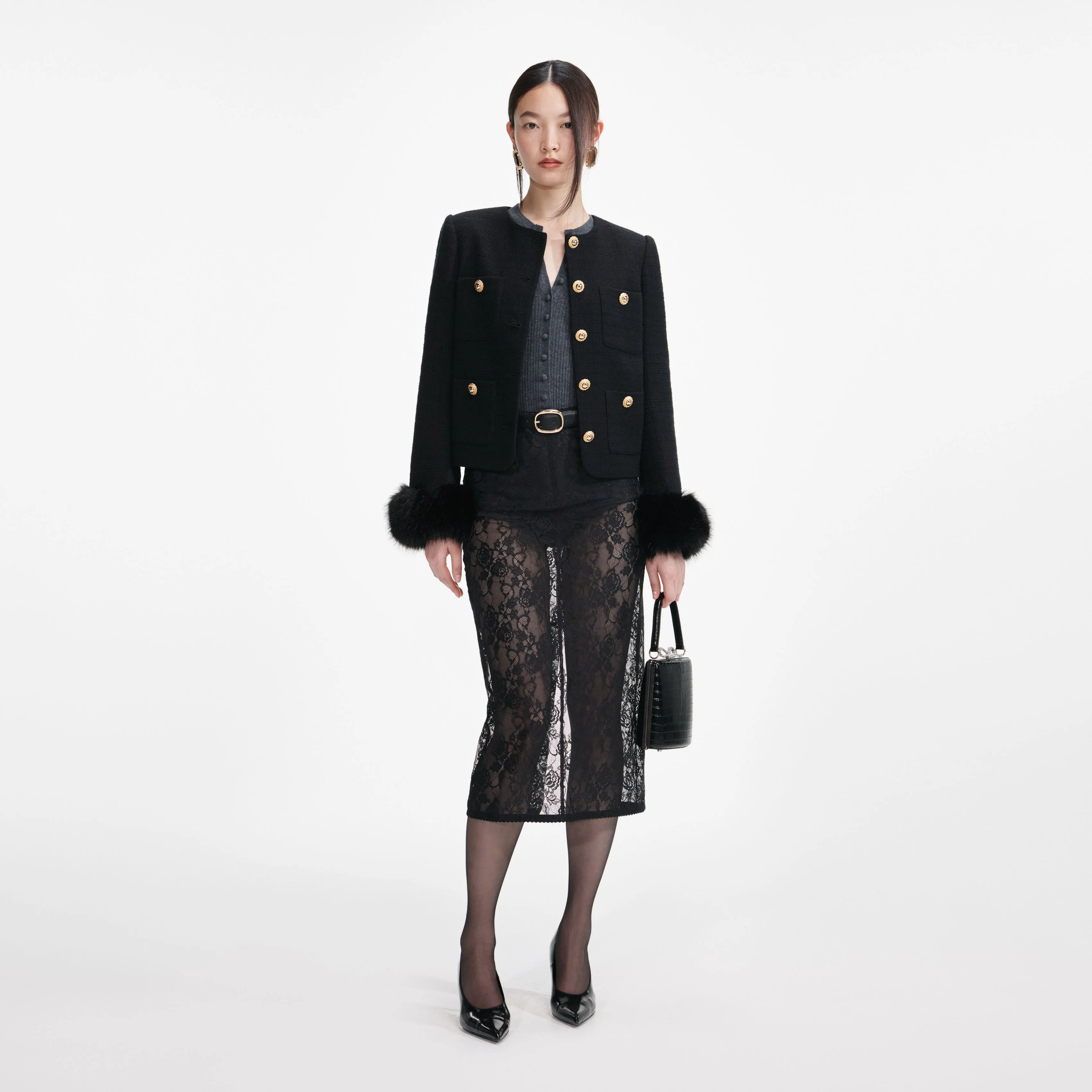 Black Boucle Fur Cuff Jacket sold by Self-Portrait