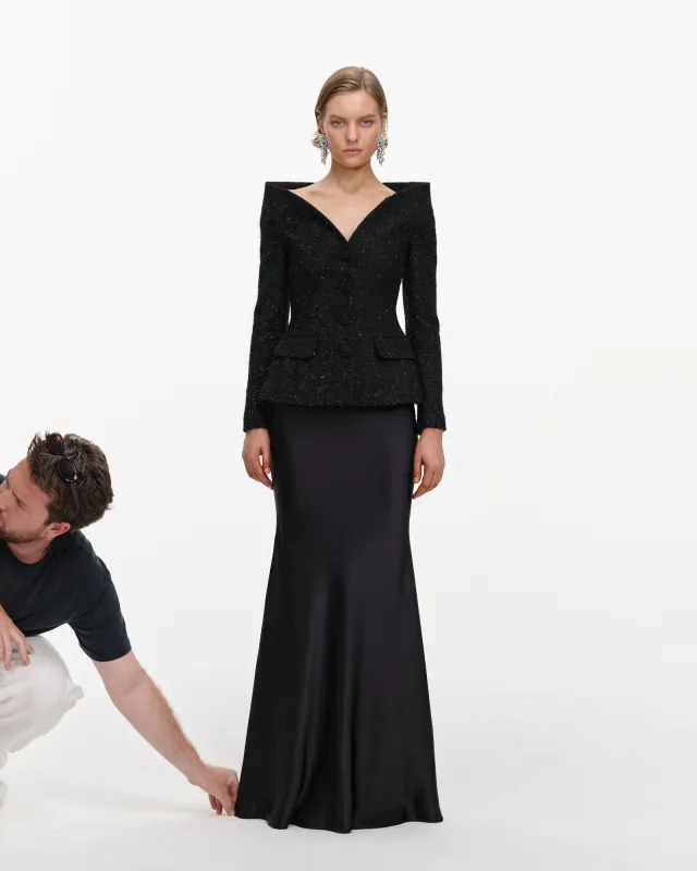 Black Metallic Boucle Satin Maxi Dress made by Self-Portrait