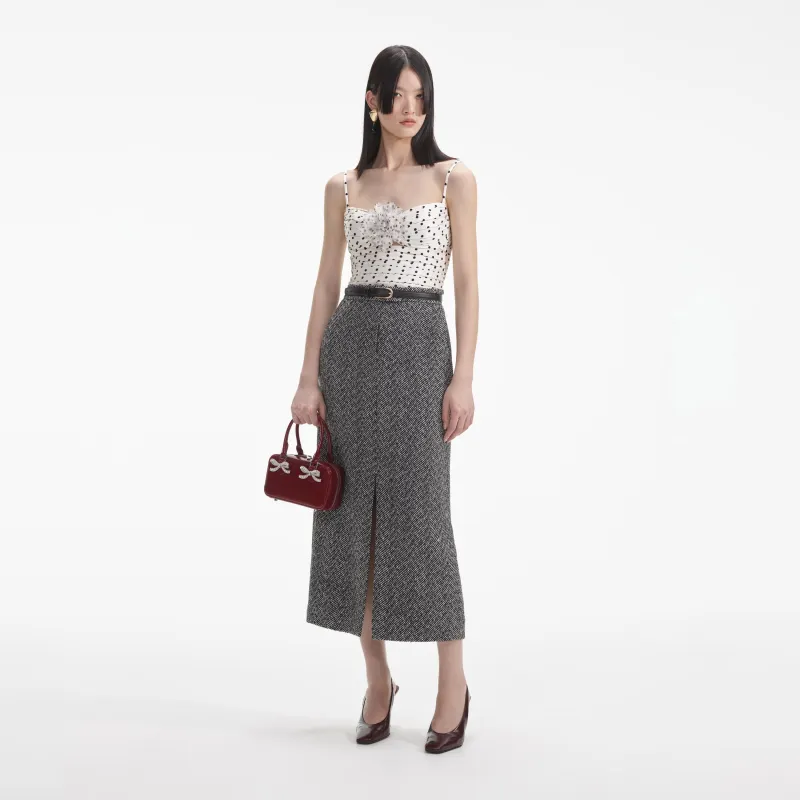Black Herringbone Midi Skirt made by Self-Portrait