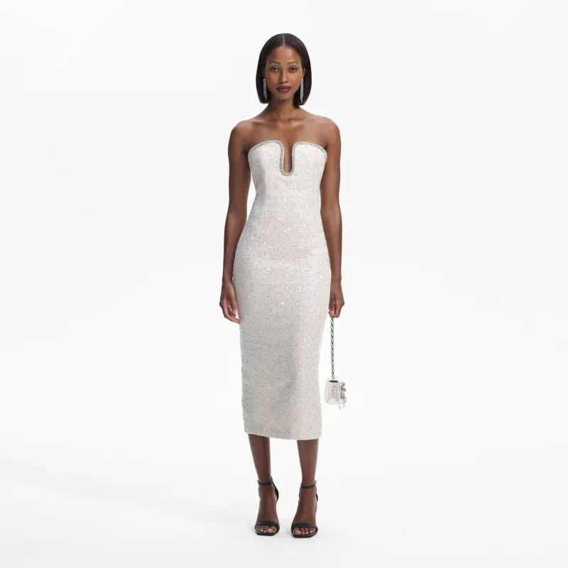 Cream Sequin Boucle Strapless Midi Dress made by Self-Portrait