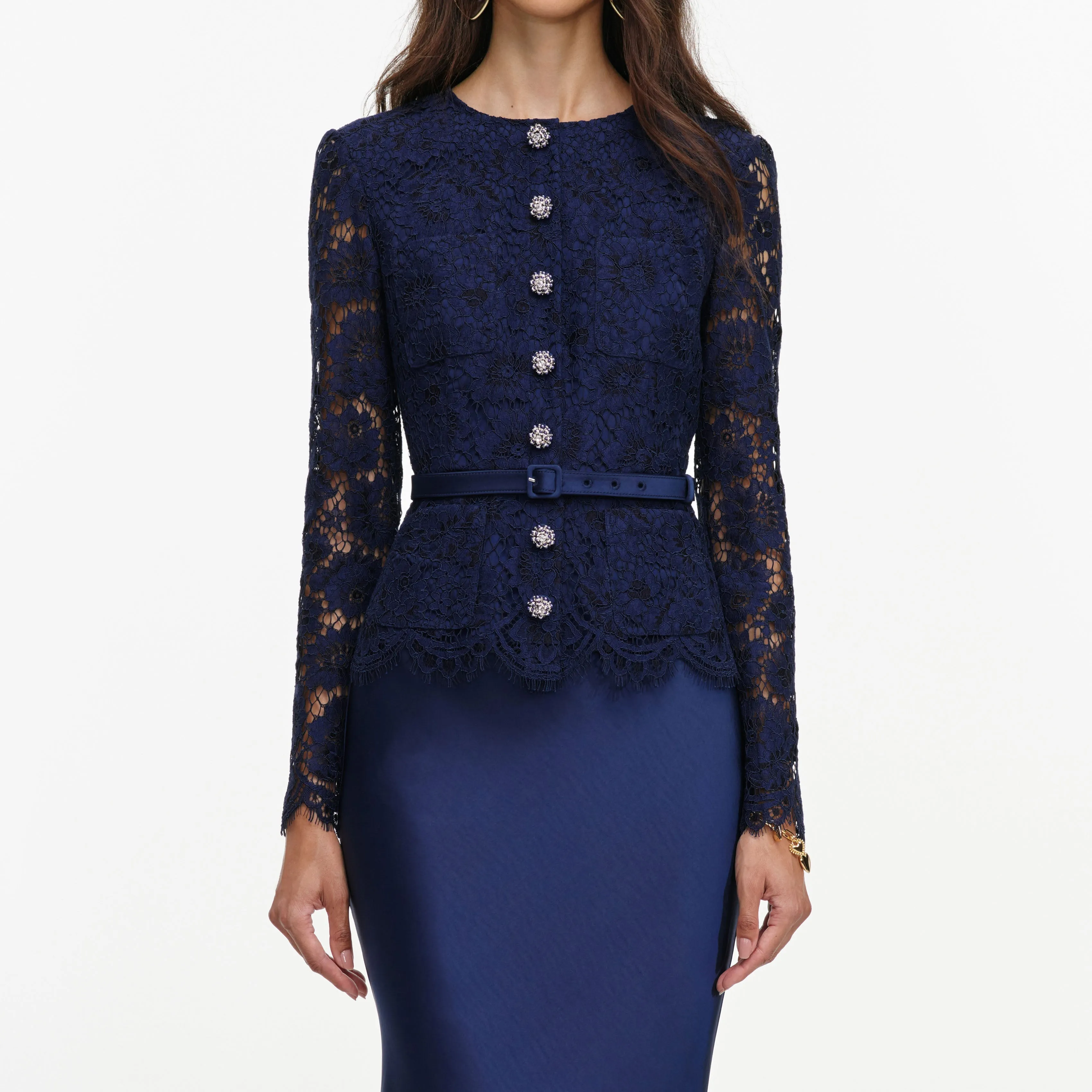 Navy Tailored Lace Satin Maxi Dress sold by Self-Portrait product image thumbnail 4