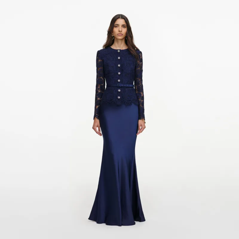 Navy Tailored Lace Satin Maxi Dress made by Self-Portrait