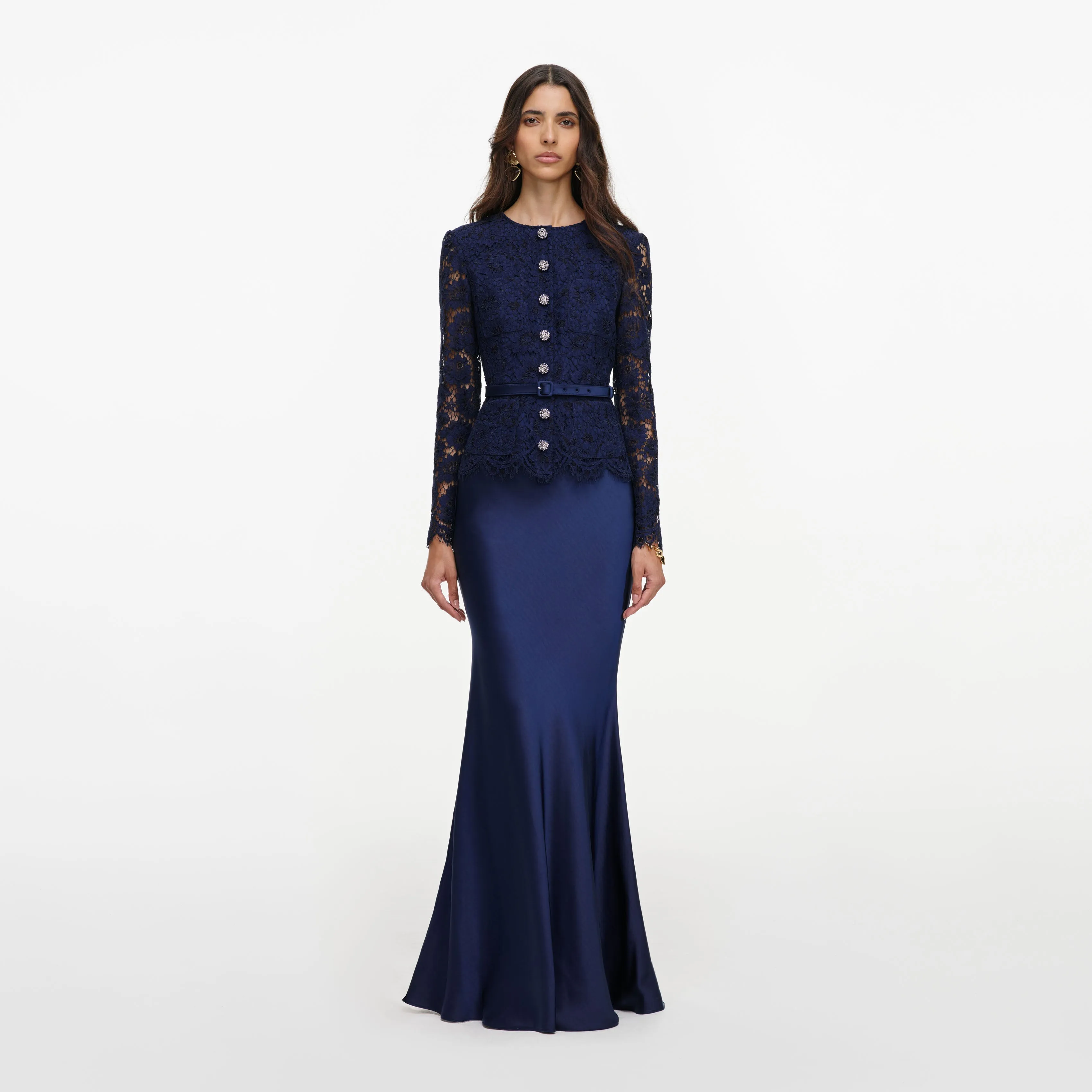 Navy Tailored Lace Satin Maxi Dress sold by Self-Portrait
