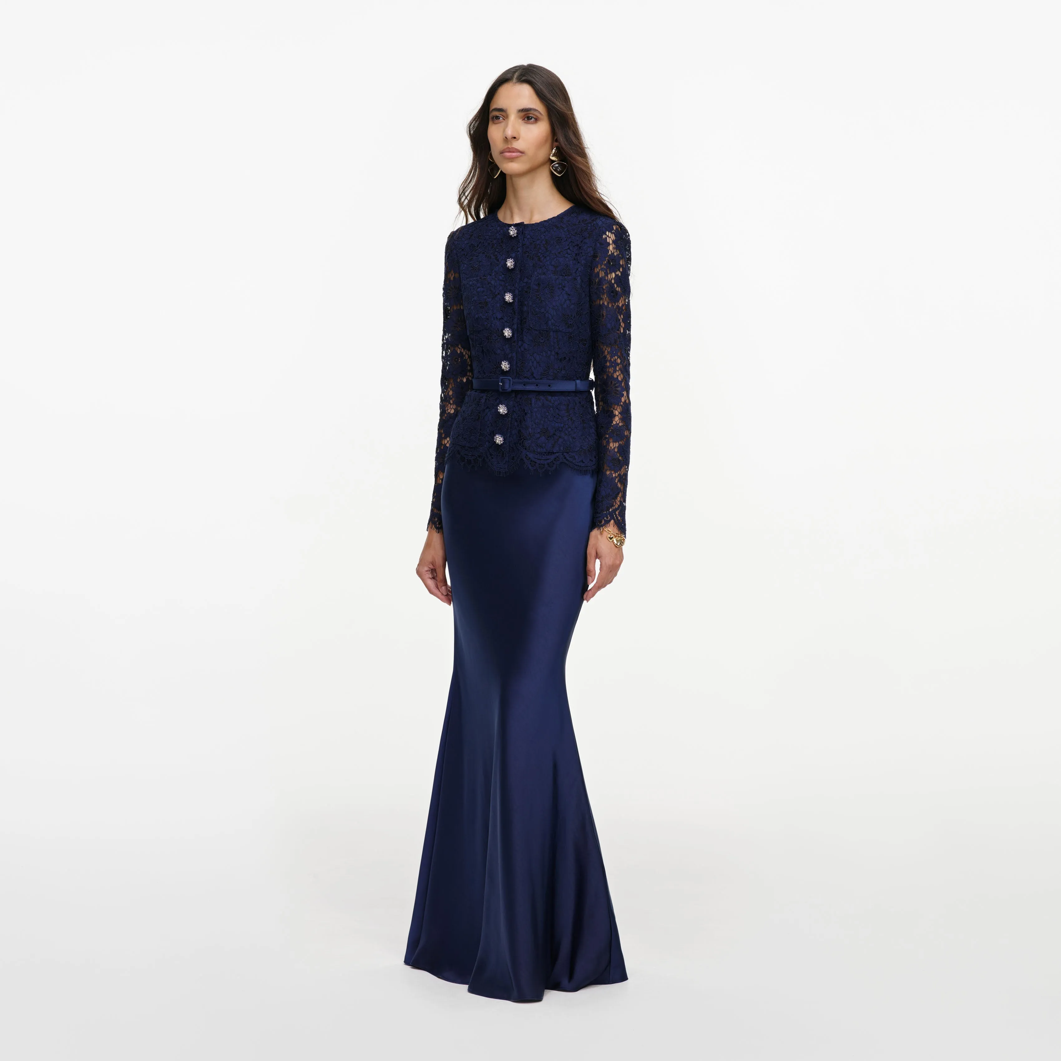 Navy Tailored Lace Satin Maxi Dress sold by Self-Portrait product image thumbnail 2