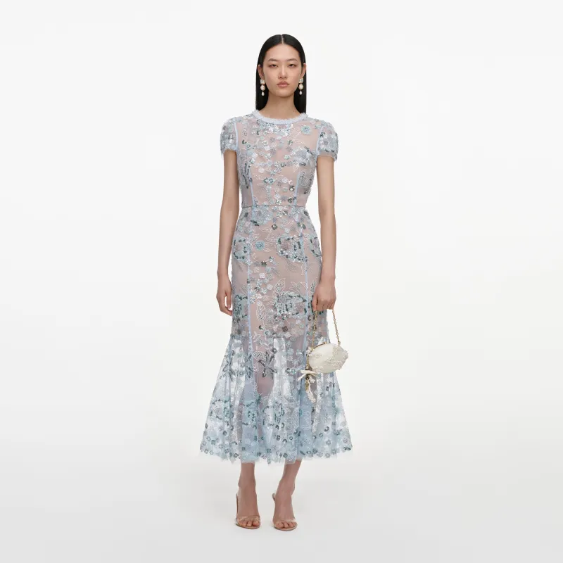 Blue Sequin Embellished Midi Dress made by Self-Portrait