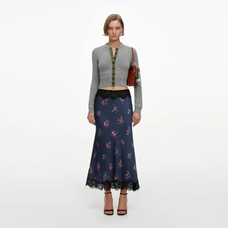 Navy Satin Printed Lace Midi Skirt made by Self-Portrait