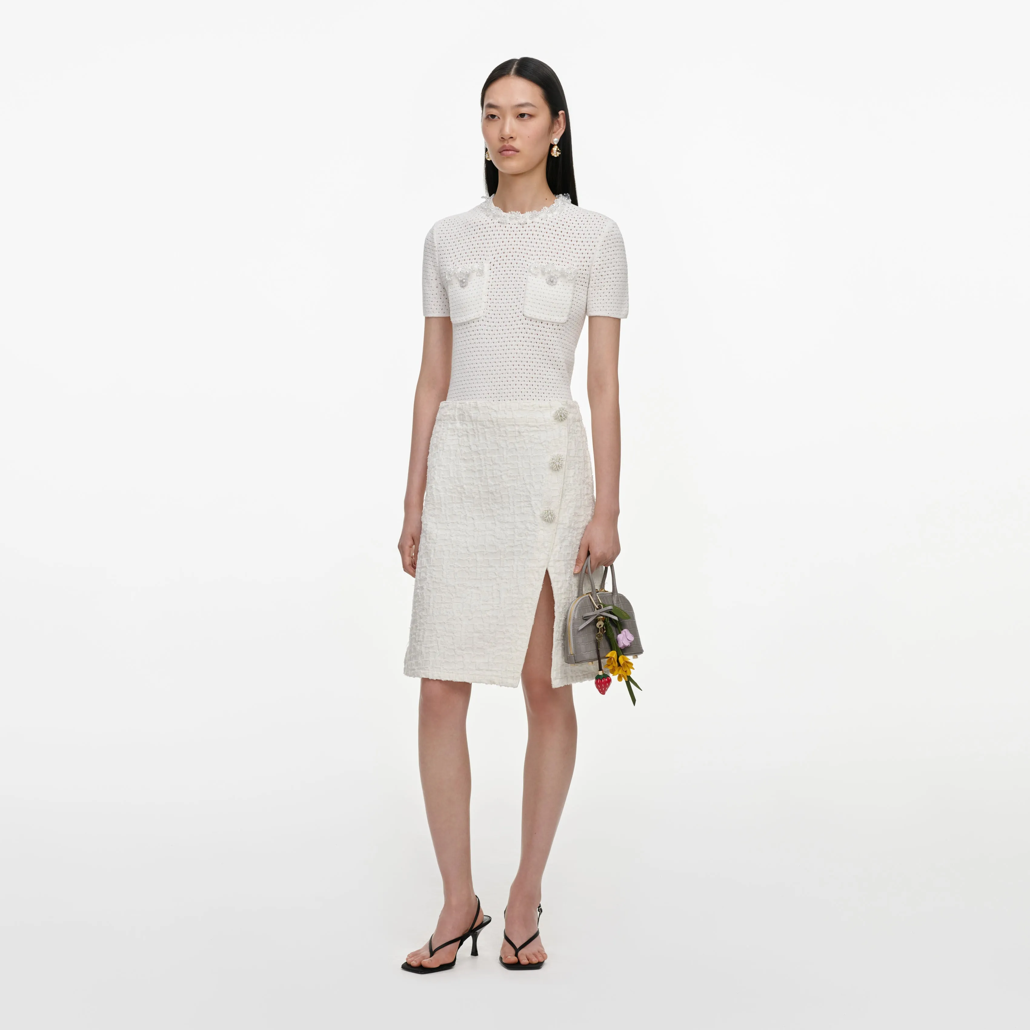 Cream Textured Denim Midi Skirt sold by Self-Portrait product image thumbnail 2