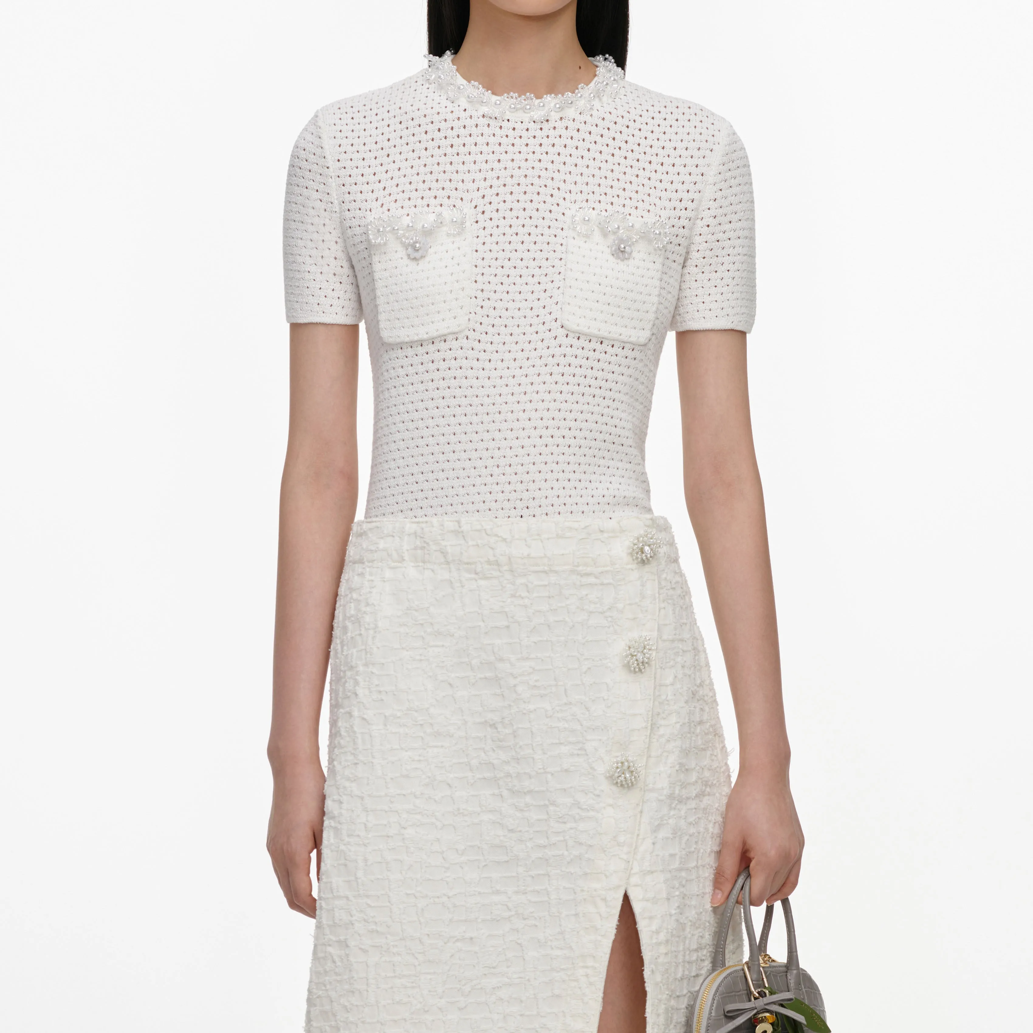 Cream Textured Denim Midi Skirt sold by Self-Portrait product image thumbnail 4