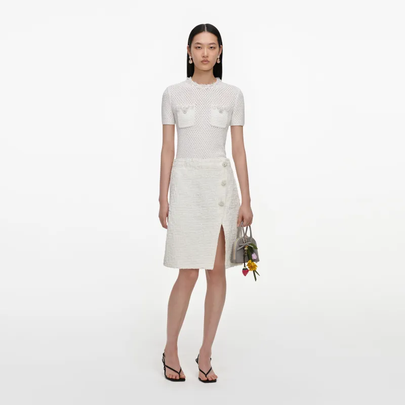 Cream Textured Denim Midi Skirt made by Self-Portrait