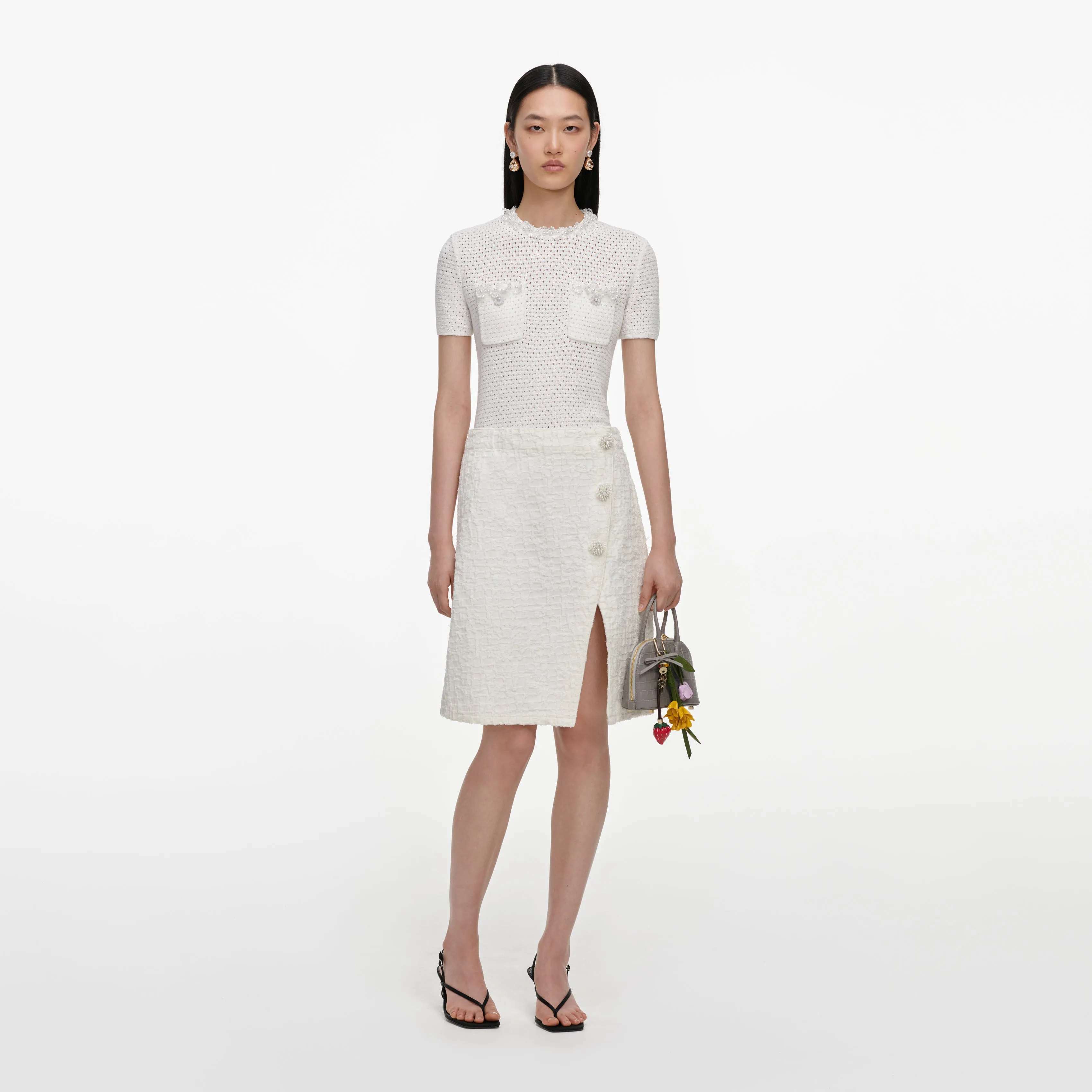 Cream Textured Denim Midi Skirt sold by Self-Portrait