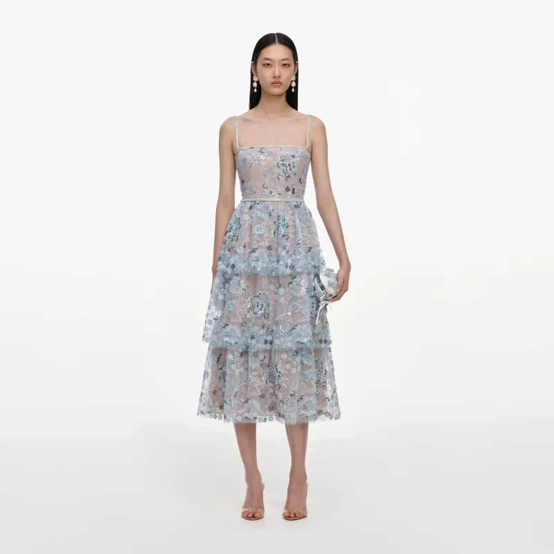 Blue Sequin Embellished Tiered Midi Dress made by Self-Portrait
