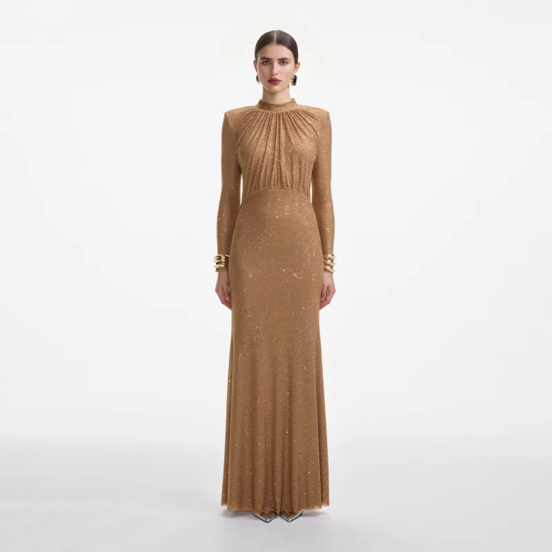 Brown Rhinestone Gathered Maxi Dress made by Self-Portrait