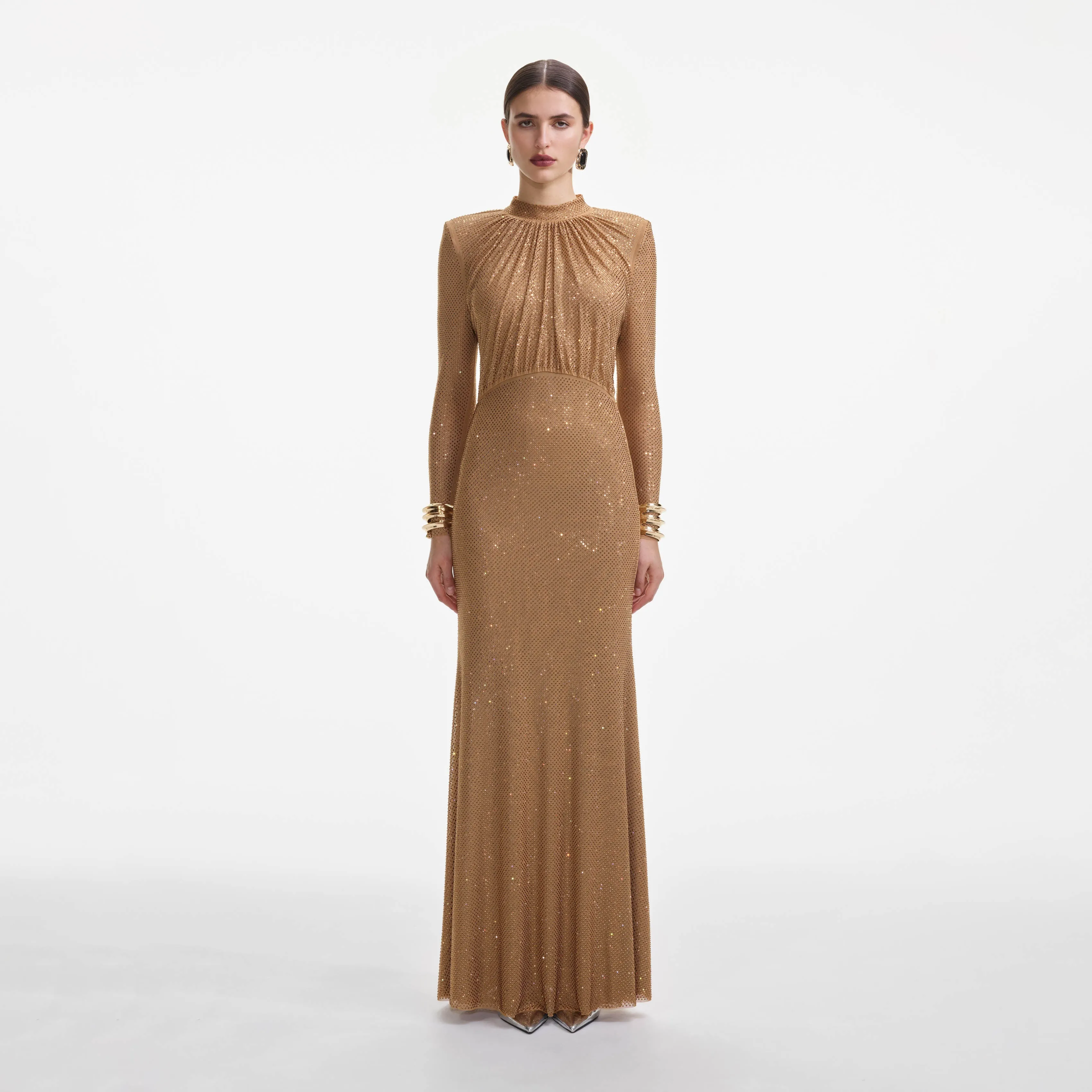 Brown Rhinestone Gathered Maxi Dress sold by Self-Portrait