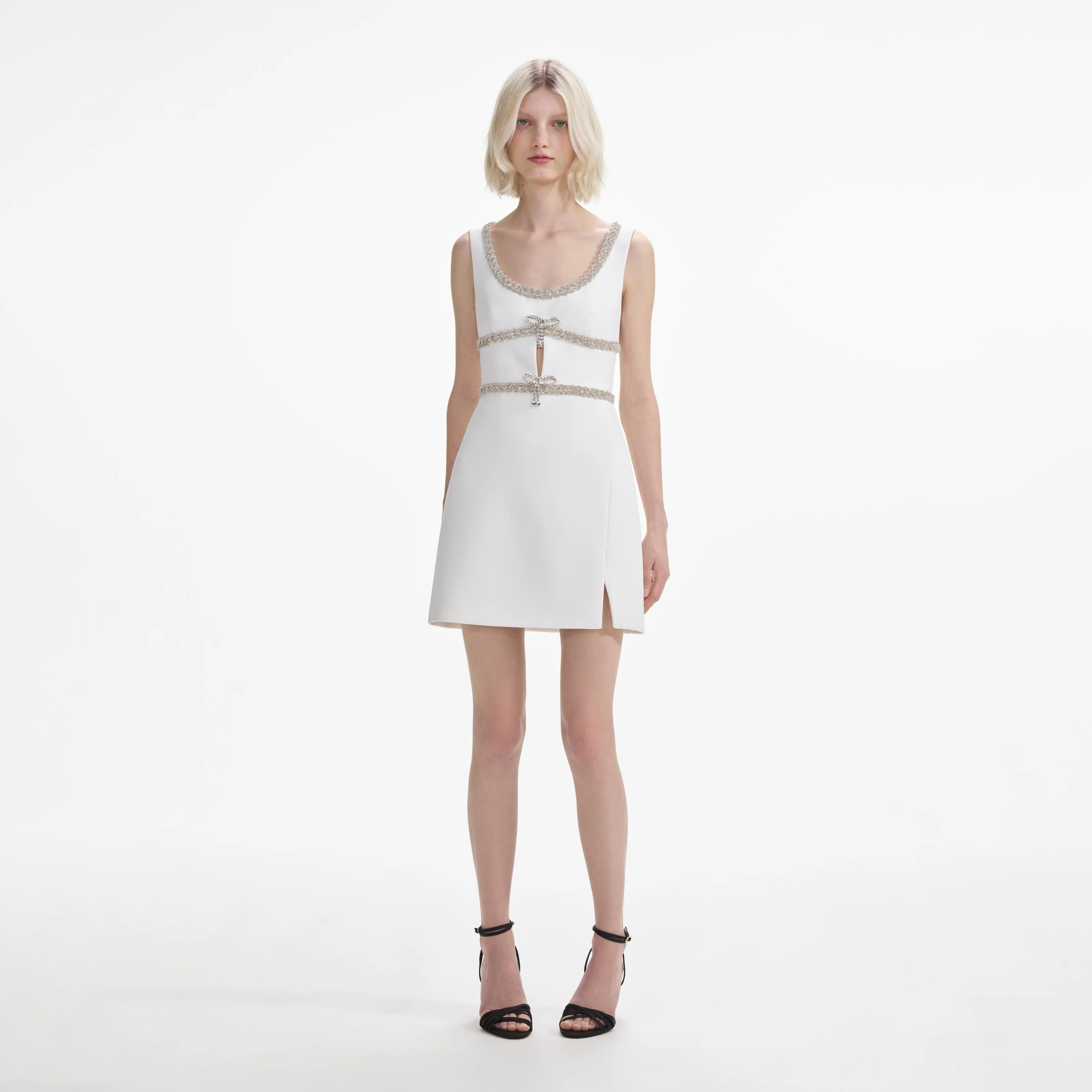 White Diamante Bow Trim Mini Dress sold by Self-Portrait