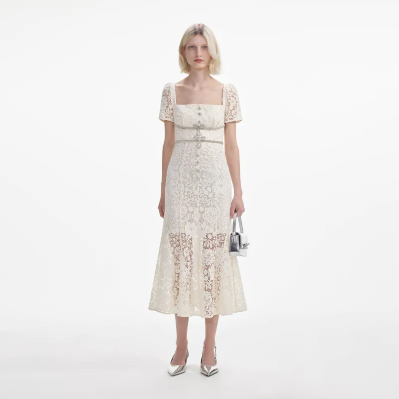 Cream Lace Diamante Bow Midi Dress made by Self-Portrait