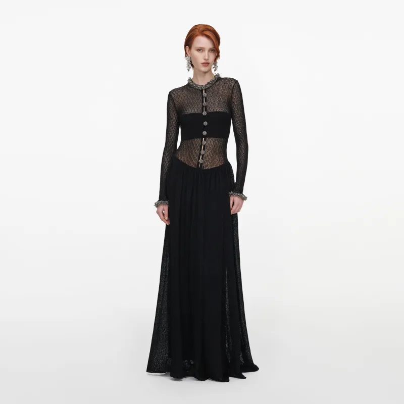 Black Pointelle Knit Embellished Maxi Dress made by Self-Portrait