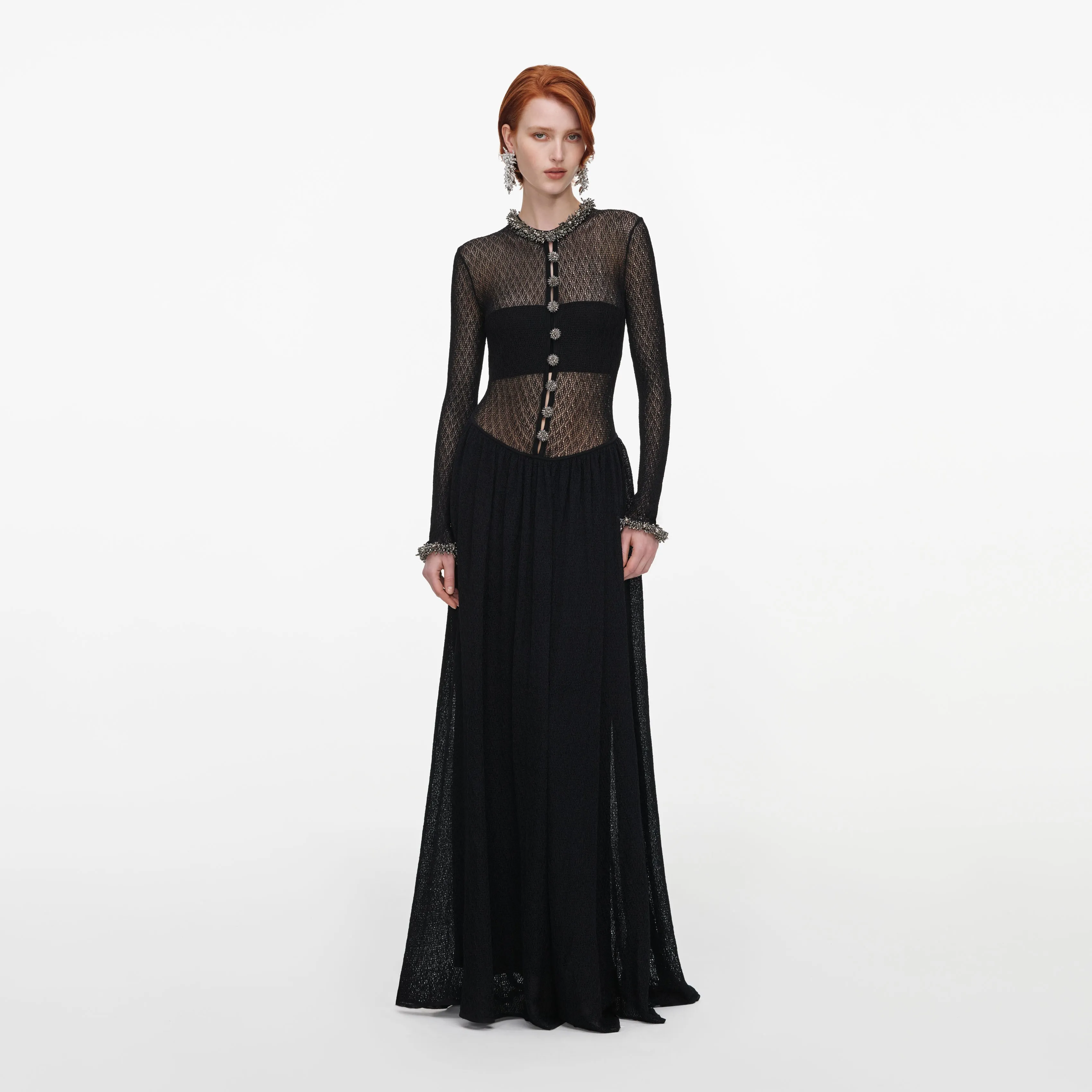 Black Pointelle Knit Embellished Maxi Dress sold by Self-Portrait