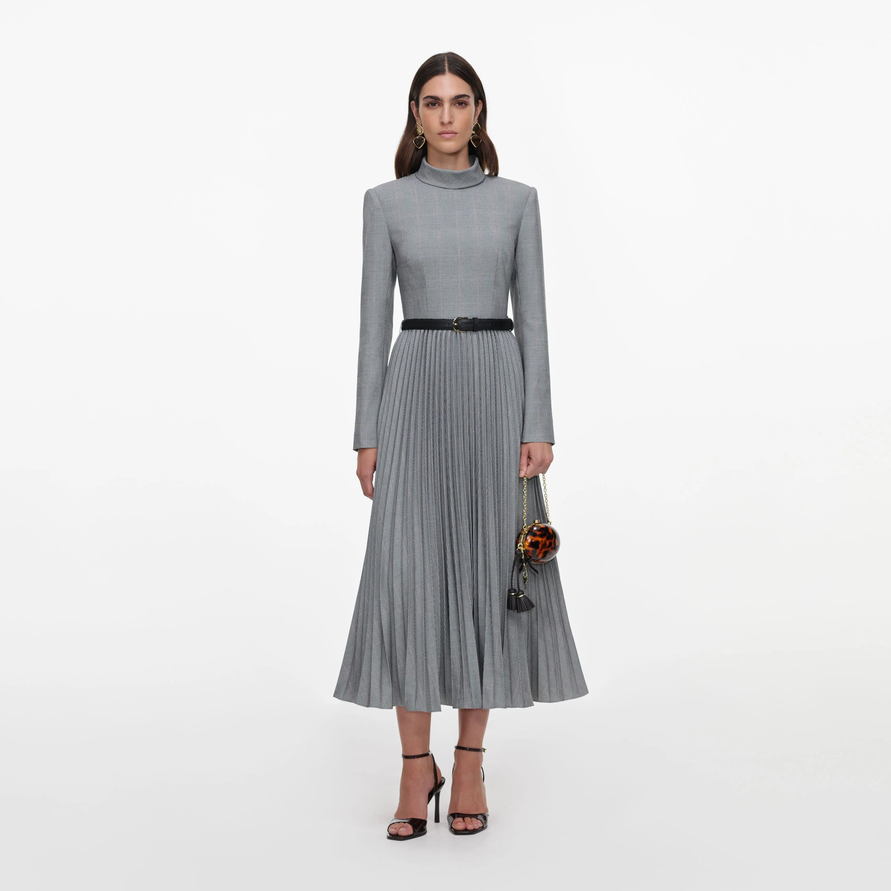 Grey Check Pleated Midi Dress sold by Self-Portrait