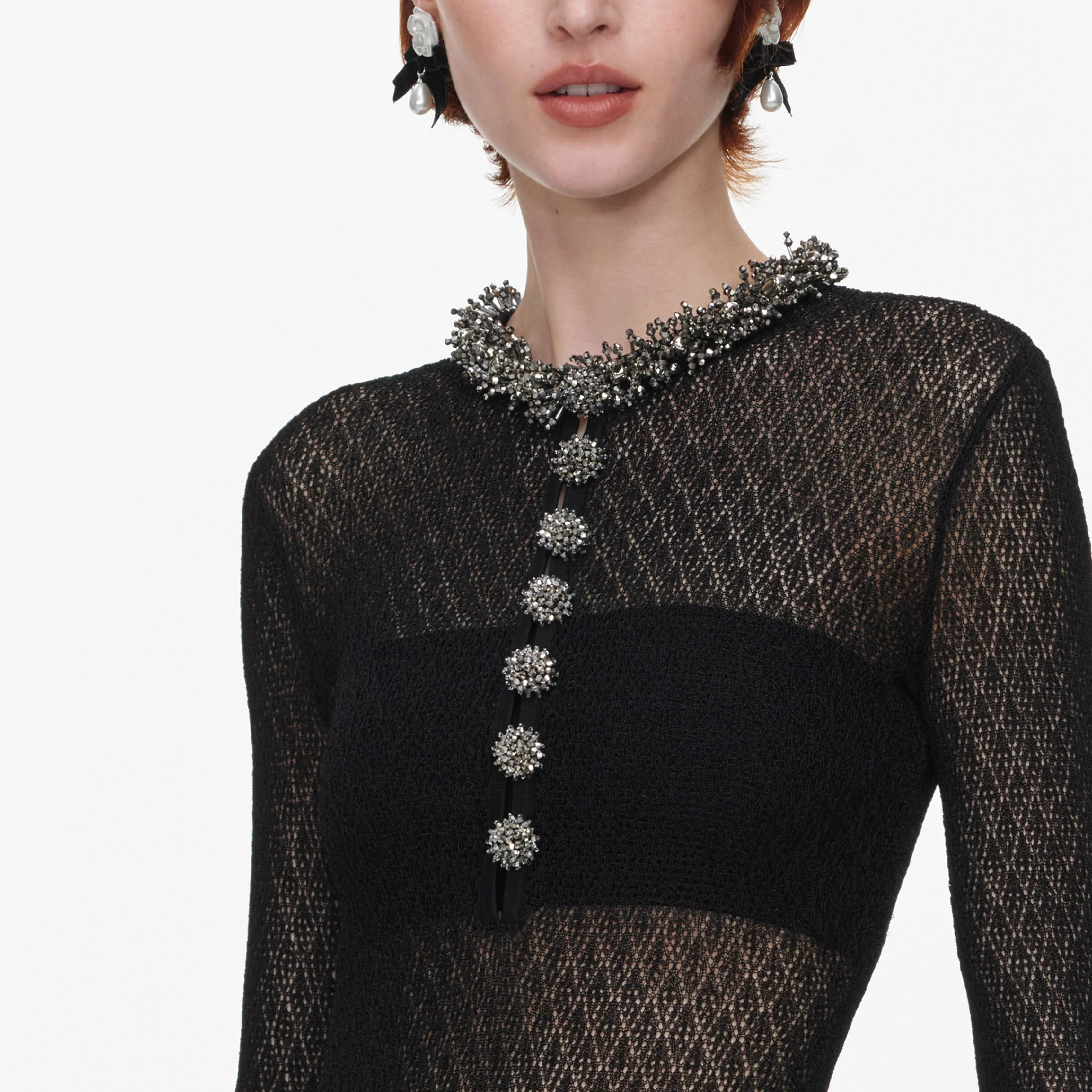 Black Pointelle Knit Embellished Bodysuit sold by Self-Portrait product image thumbnail 5