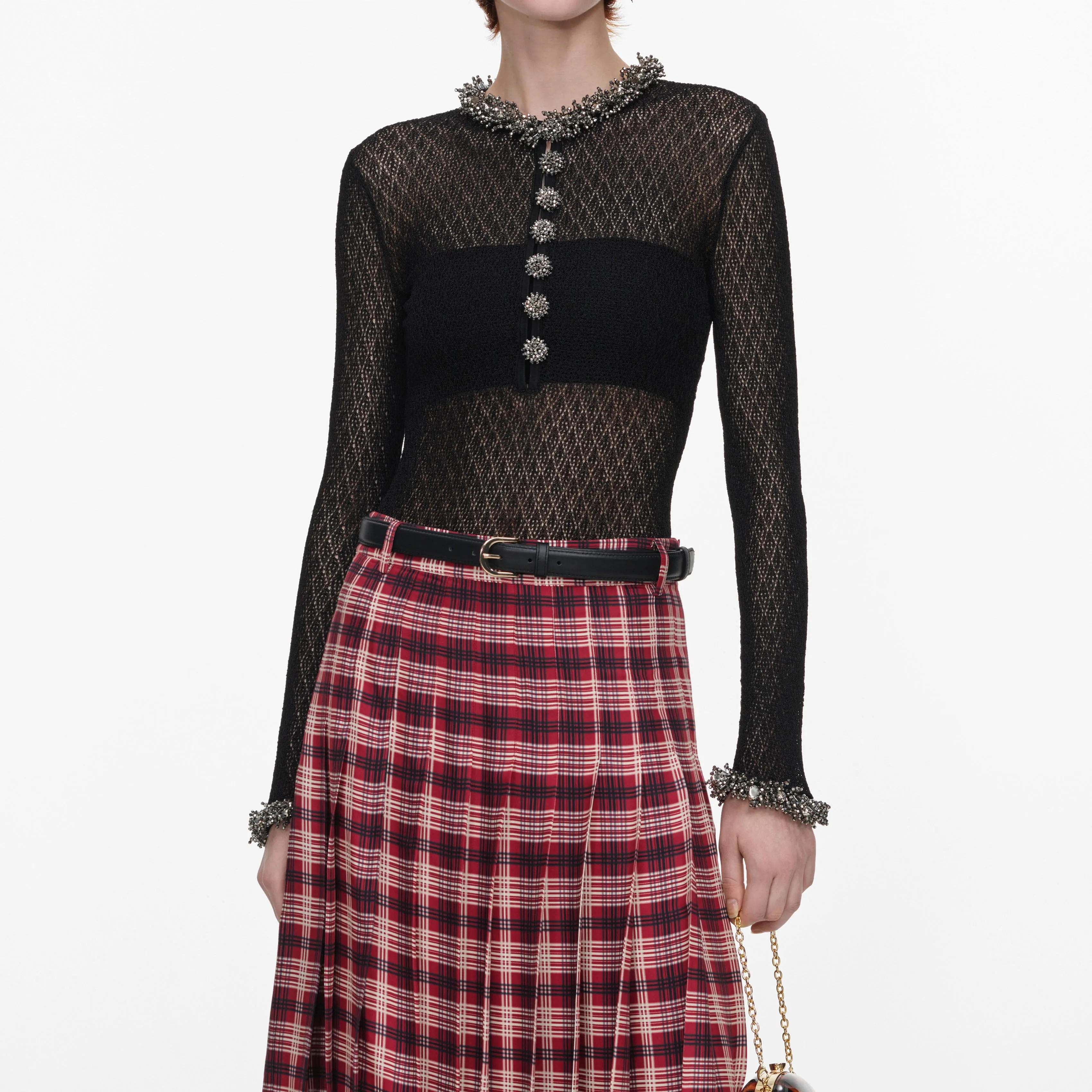 Black Pointelle Knit Embellished Bodysuit sold by Self-Portrait product image thumbnail 4