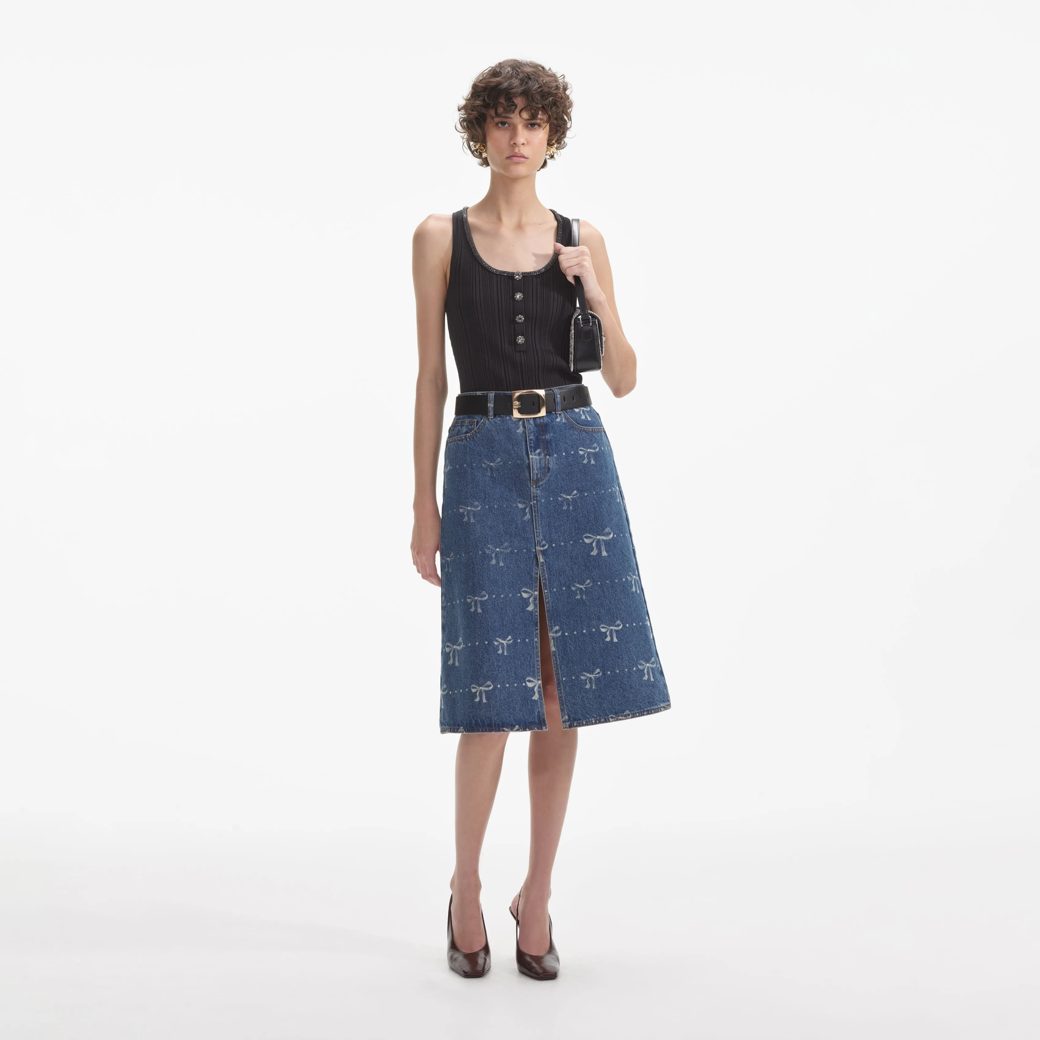 Bow Print Denim Midi Skirt sold by Self-Portrait