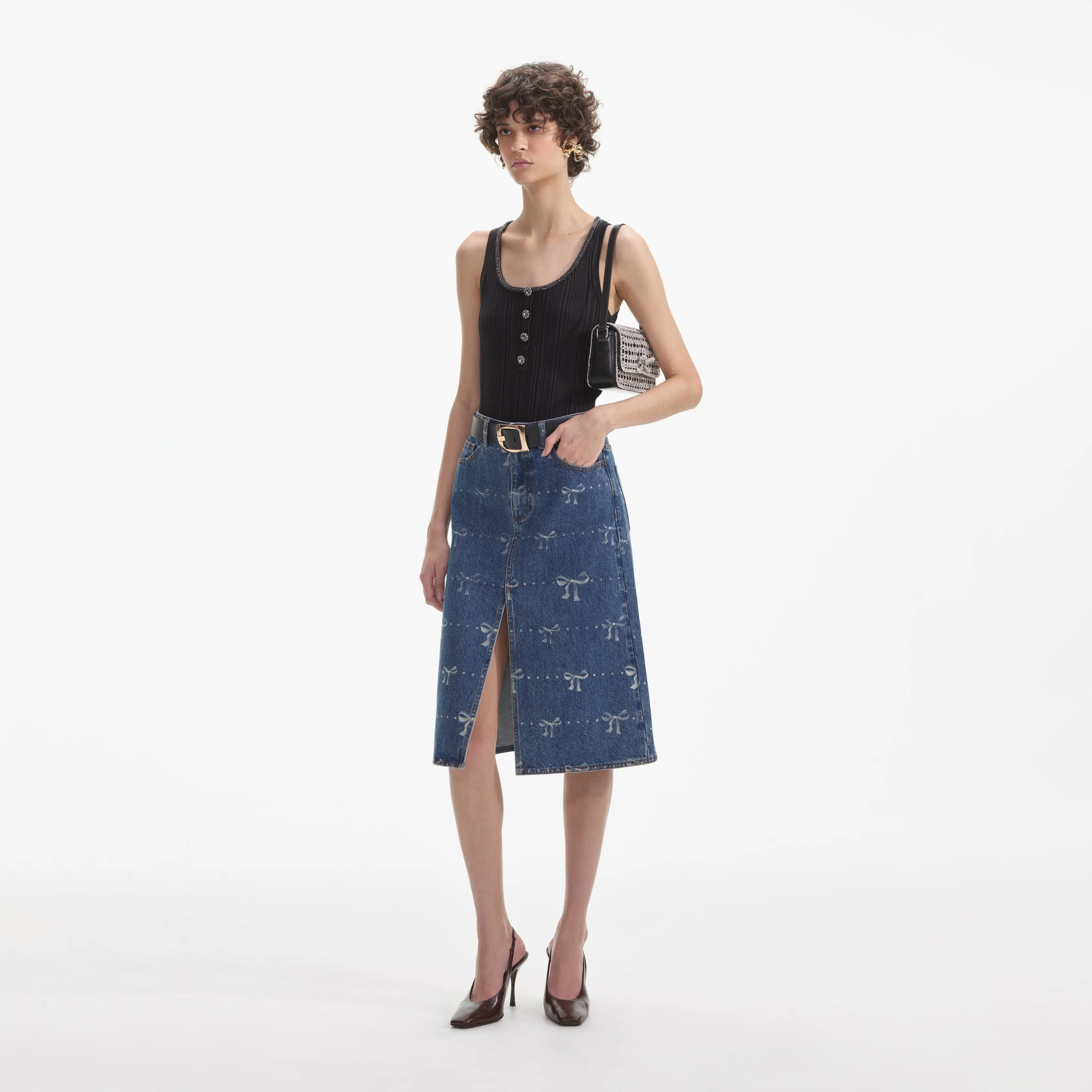 Bow Print Denim Midi Skirt sold by Self-Portrait product image thumbnail 2