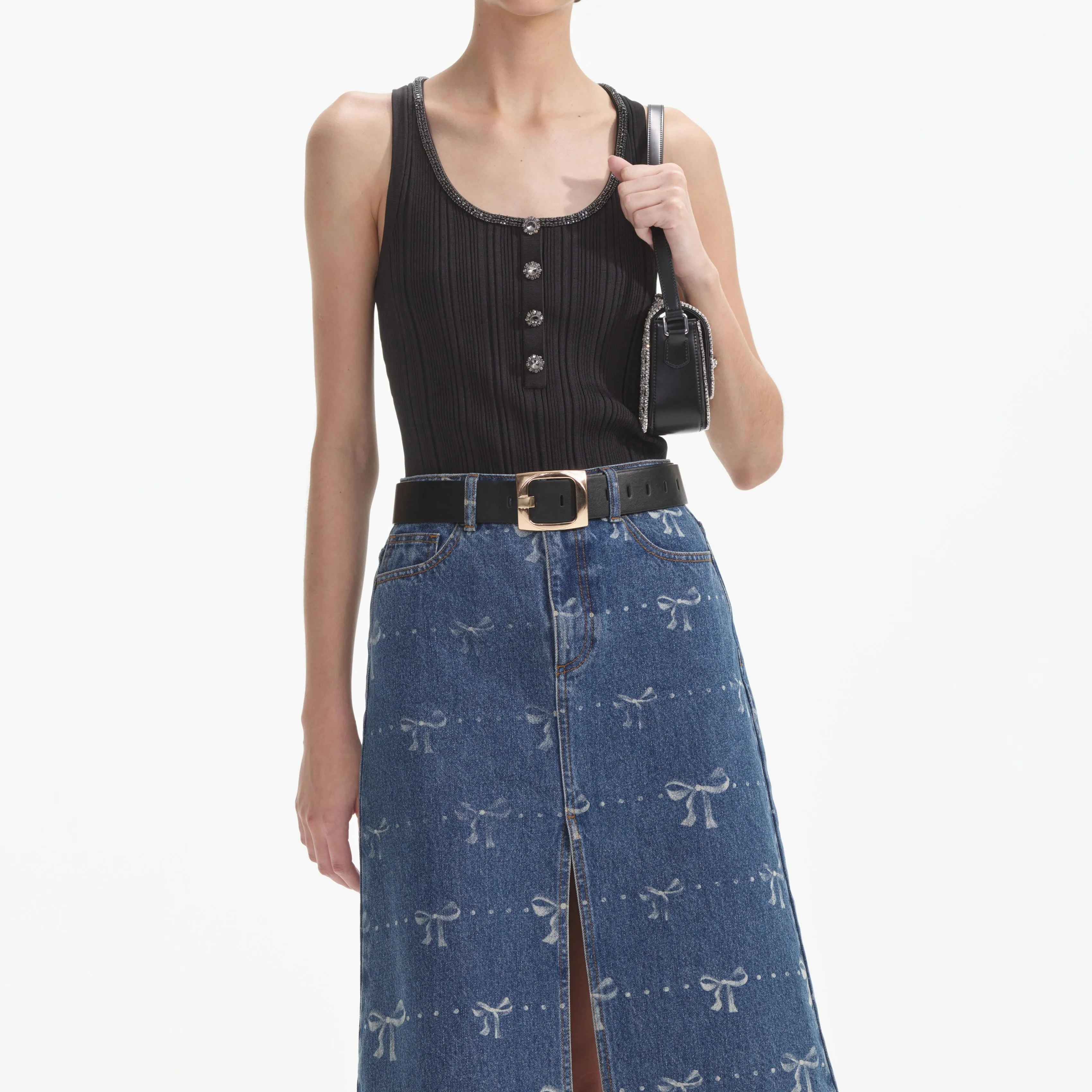 Bow Print Denim Midi Skirt sold by Self-Portrait product image thumbnail 4