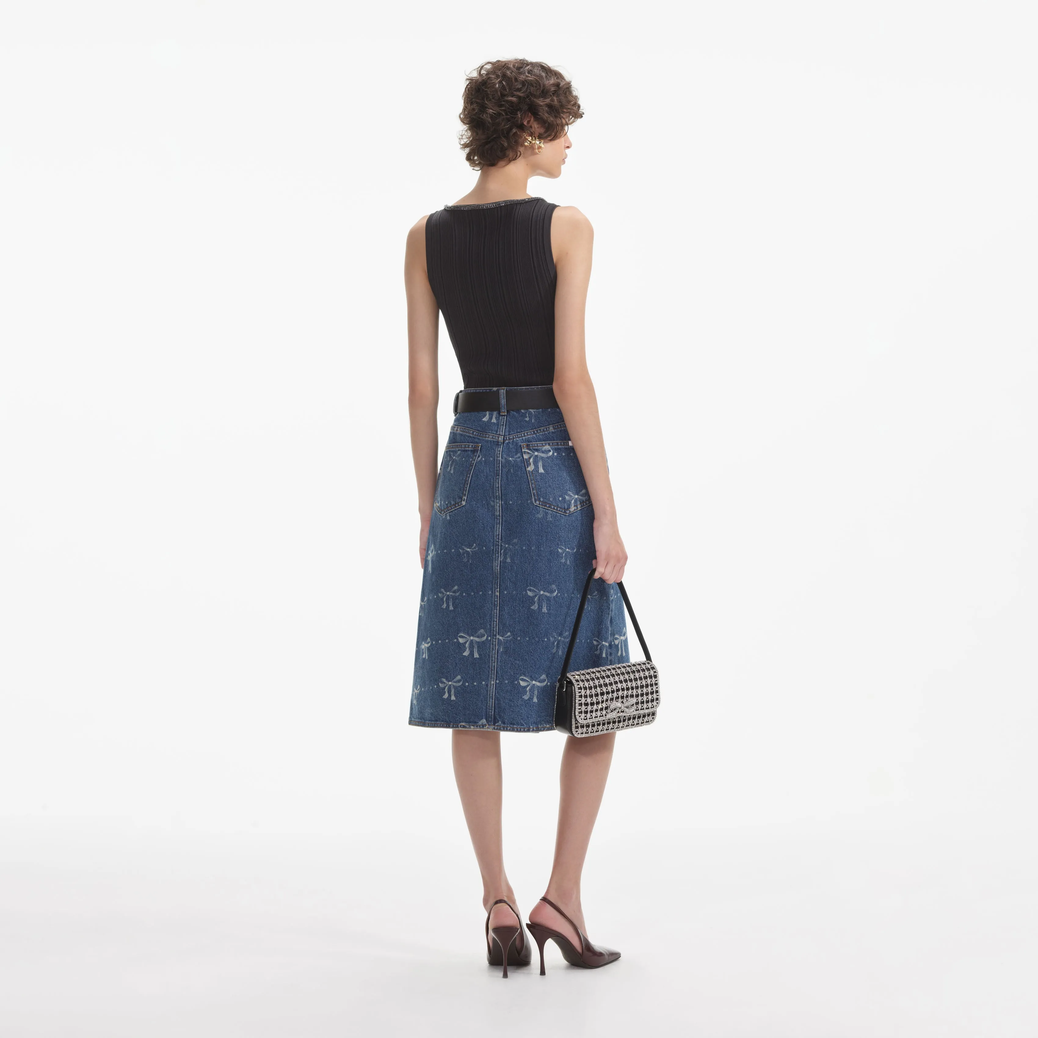 Bow Print Denim Midi Skirt sold by Self-Portrait product image thumbnail 3