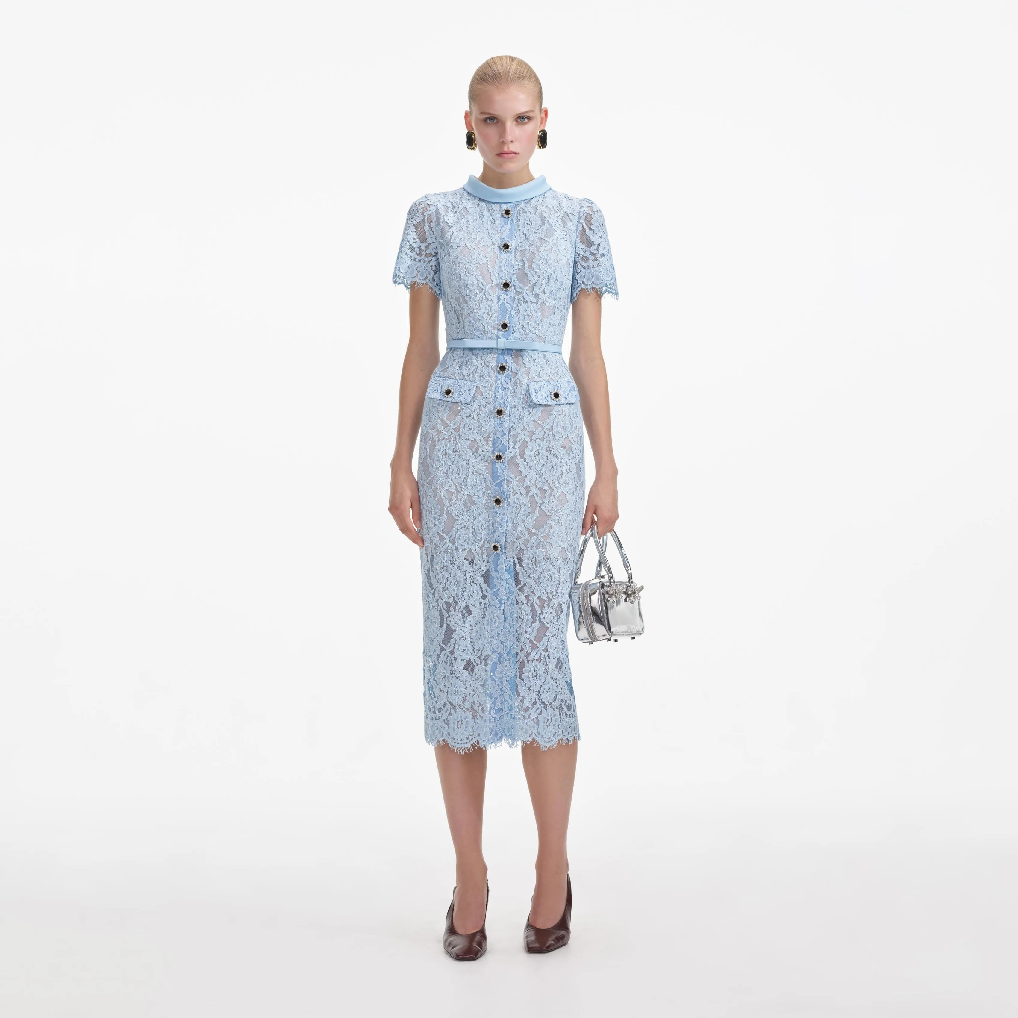Blue Lace Button Midi Dress sold by Self-Portrait