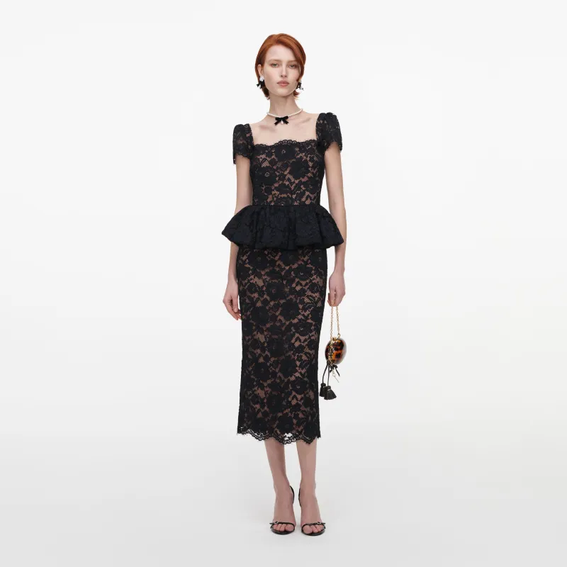 Black Fine Lace Peplum Midi Dress made by Self-Portrait