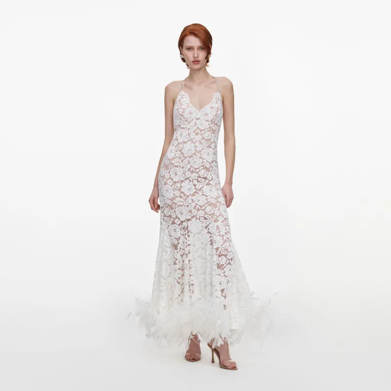 White Fine Lace Feather Maxi Dress made by Self-Portrait