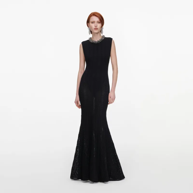 Black Beaded Pointelle Knit Maxi Dress made by Self-Portrait
