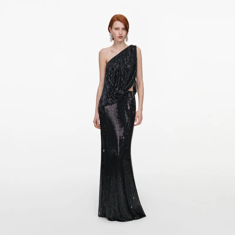Black Rhinestone One Shoulder Drape Maxi Dress made by Self-Portrait