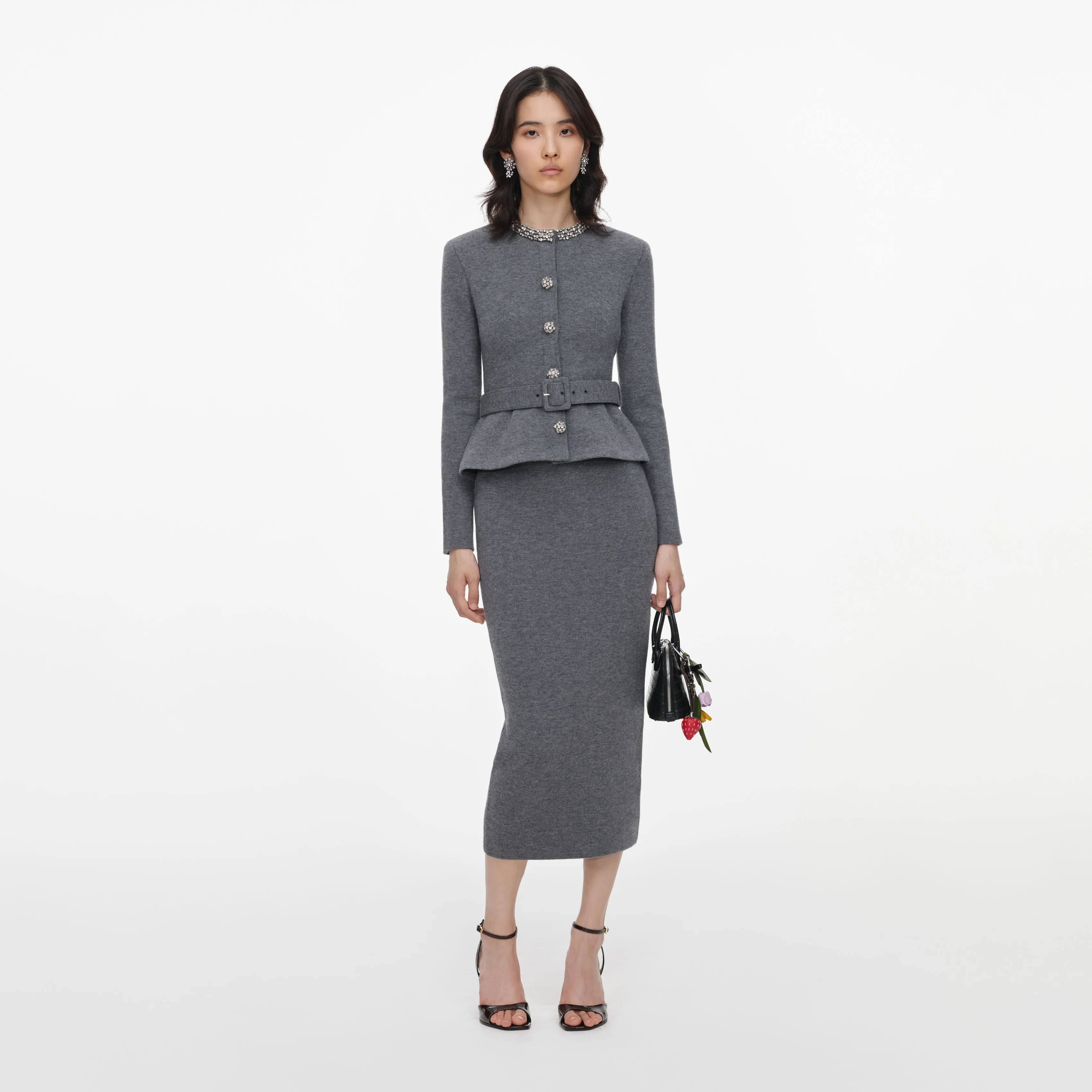Grey Crystal Trim Knit Midi Dress sold by Self-Portrait