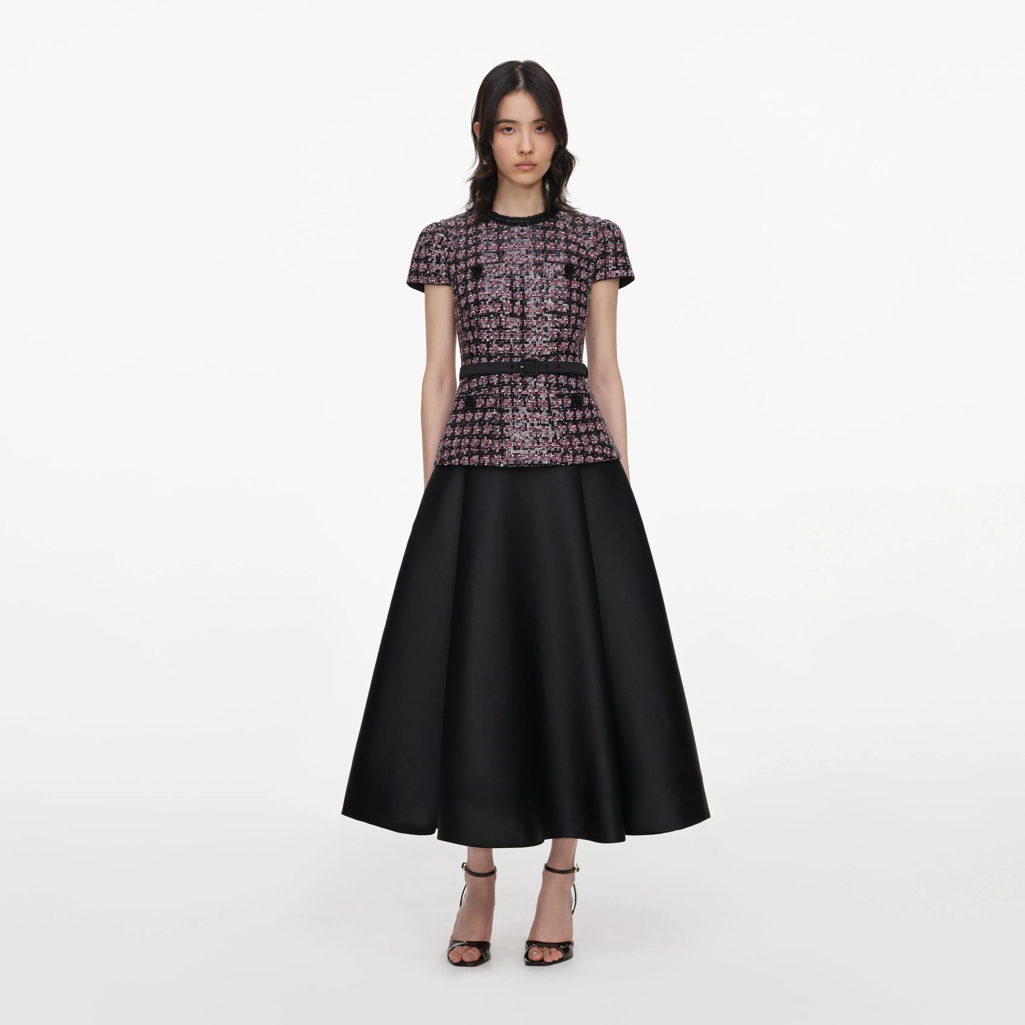 Pink and Black Sequin Boucle Midi Dress sold by Self-Portrait