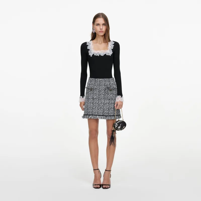 Black And White Textured Knit Mini Skirt made by Self-Portrait