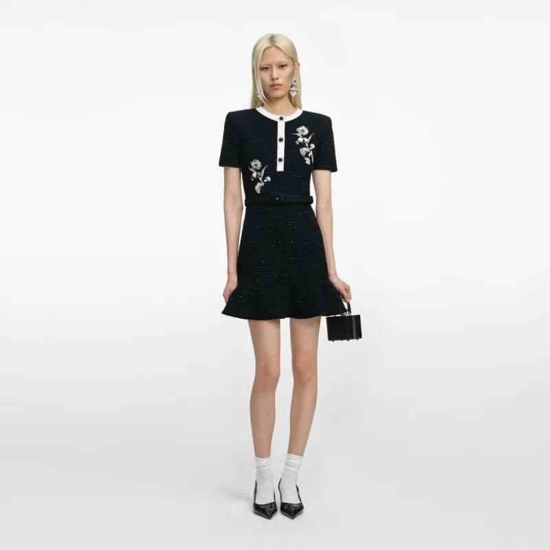 Black Floral Textured Knit Mini Dress made by Self-Portrait