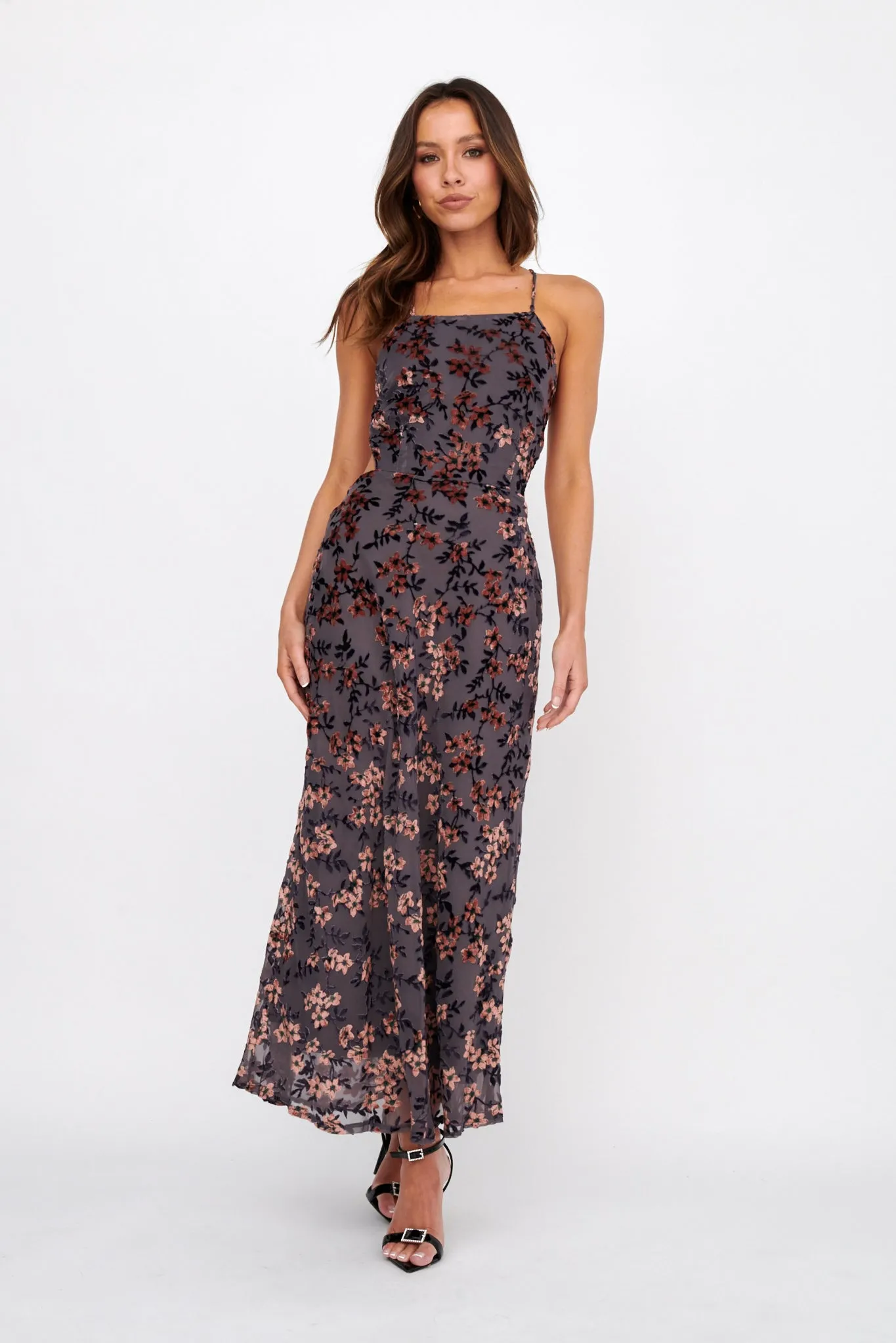 Alexandria Open Back Velour Floral Midi Dress Black/Orange sold by Selfie Leslie product image thumbnail 2