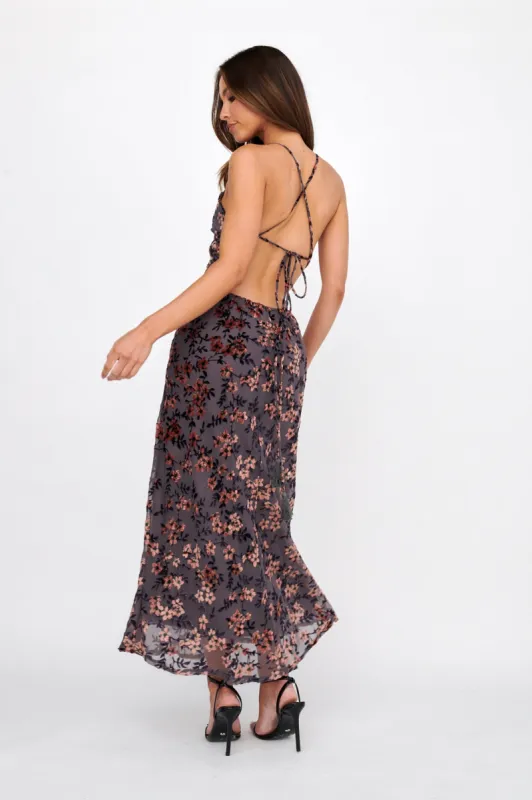 Alexandria Open Back Velour Floral Midi Dress Black/Orange sold by Selfie Leslie