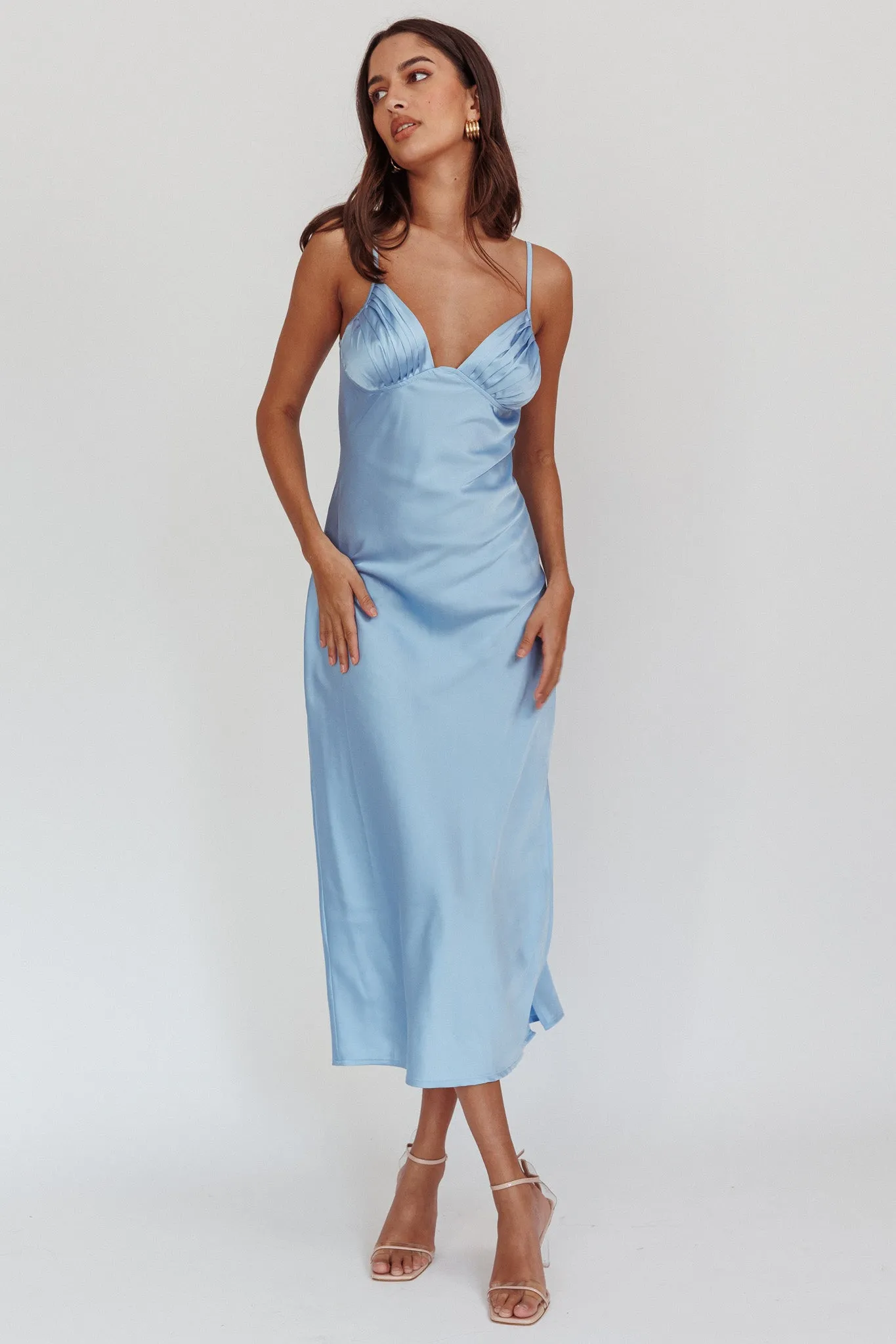 Felicity Pleat Bust Split Midi Dress Blue sold by Selfie Leslie product image thumbnail 5
