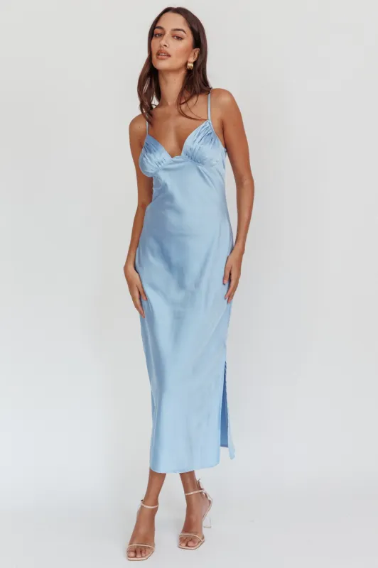 Felicity Pleat Bust Split Midi Dress Blue sold by Selfie Leslie