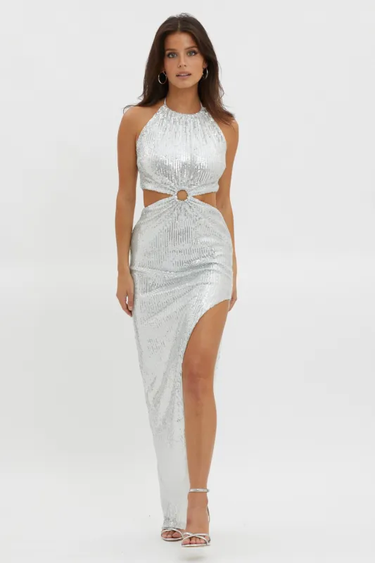 Astral Halterneck Sequin Dress Silver sold by Selfie Leslie